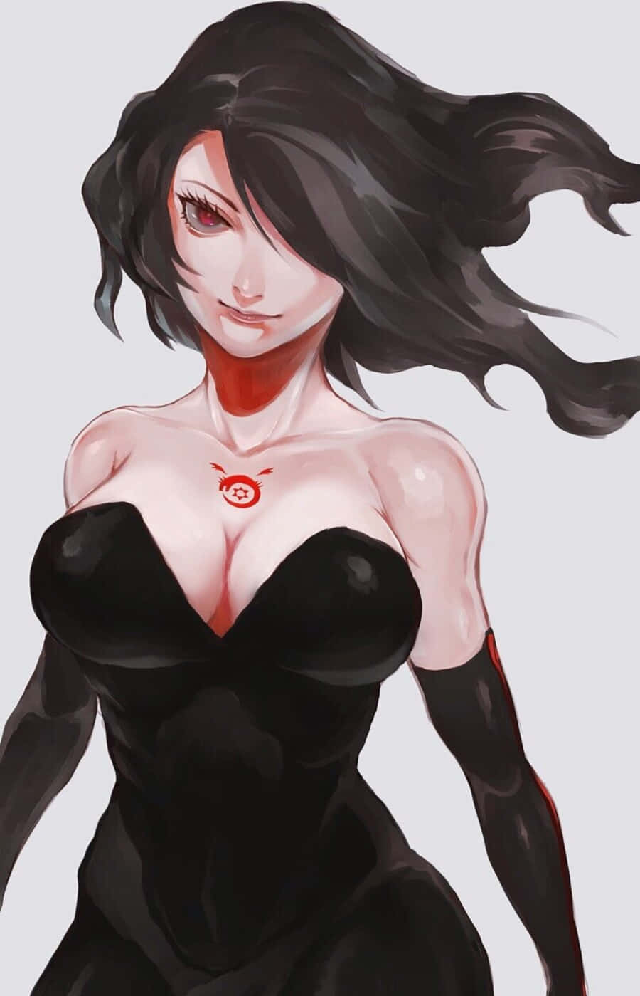 Fullmetal Alchemist Lust 桌布 壁紙 — 一位引人注目的動漫女性，擁有飄逸的黑髮和紅眼睛，穿著一件貼身的黑色連衣裙，胸前有一個紅色標誌。