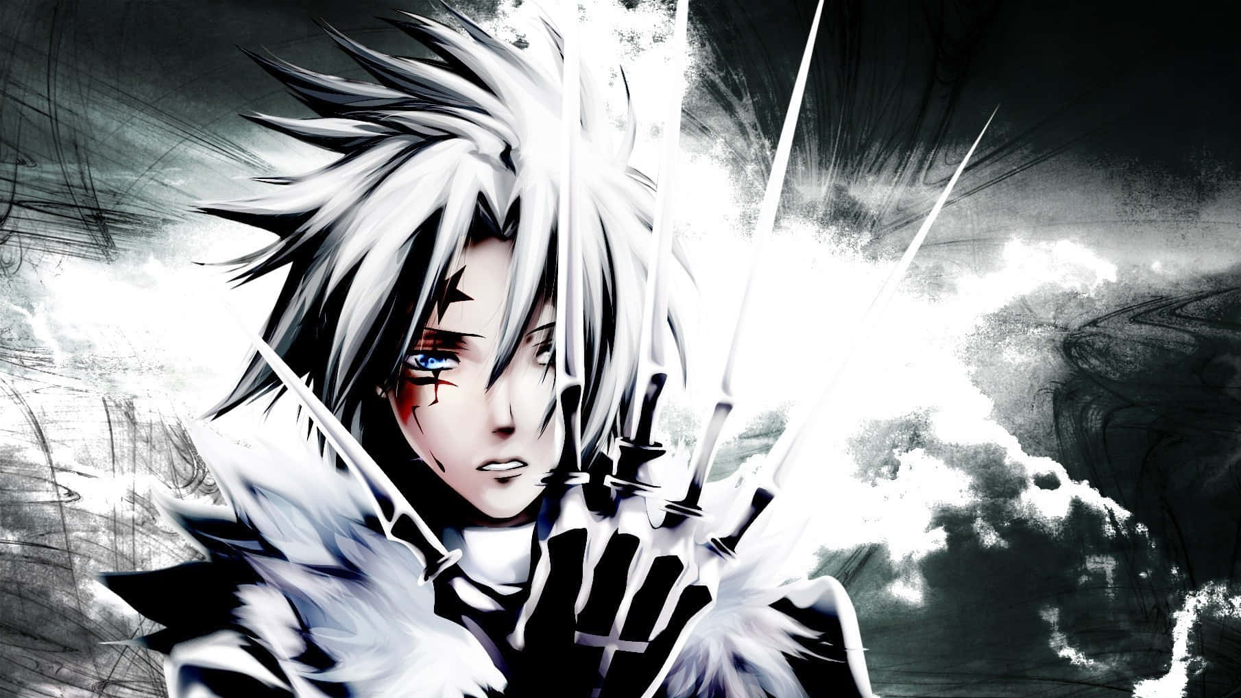 D Gray Man 桌布 壁紙 — 一位引人注目的動漫戰士，擁有尖刺白髮和藍色眼睛，在混亂的黑白暴風雨背景下握著三把劍。