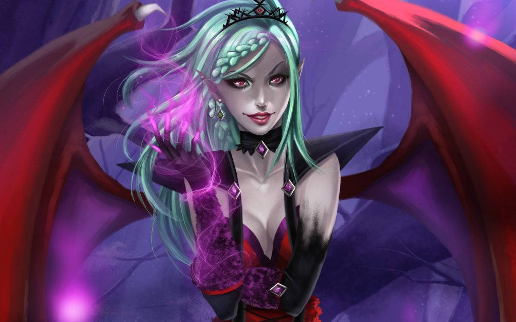 Succubus 桌布 壁紙 — 一位引人注目的動漫風格吸血鬼女王，擁有青綠色頭髮和紅色翅膀，在神秘的紫色背景下釋放發光的紫色魔法。