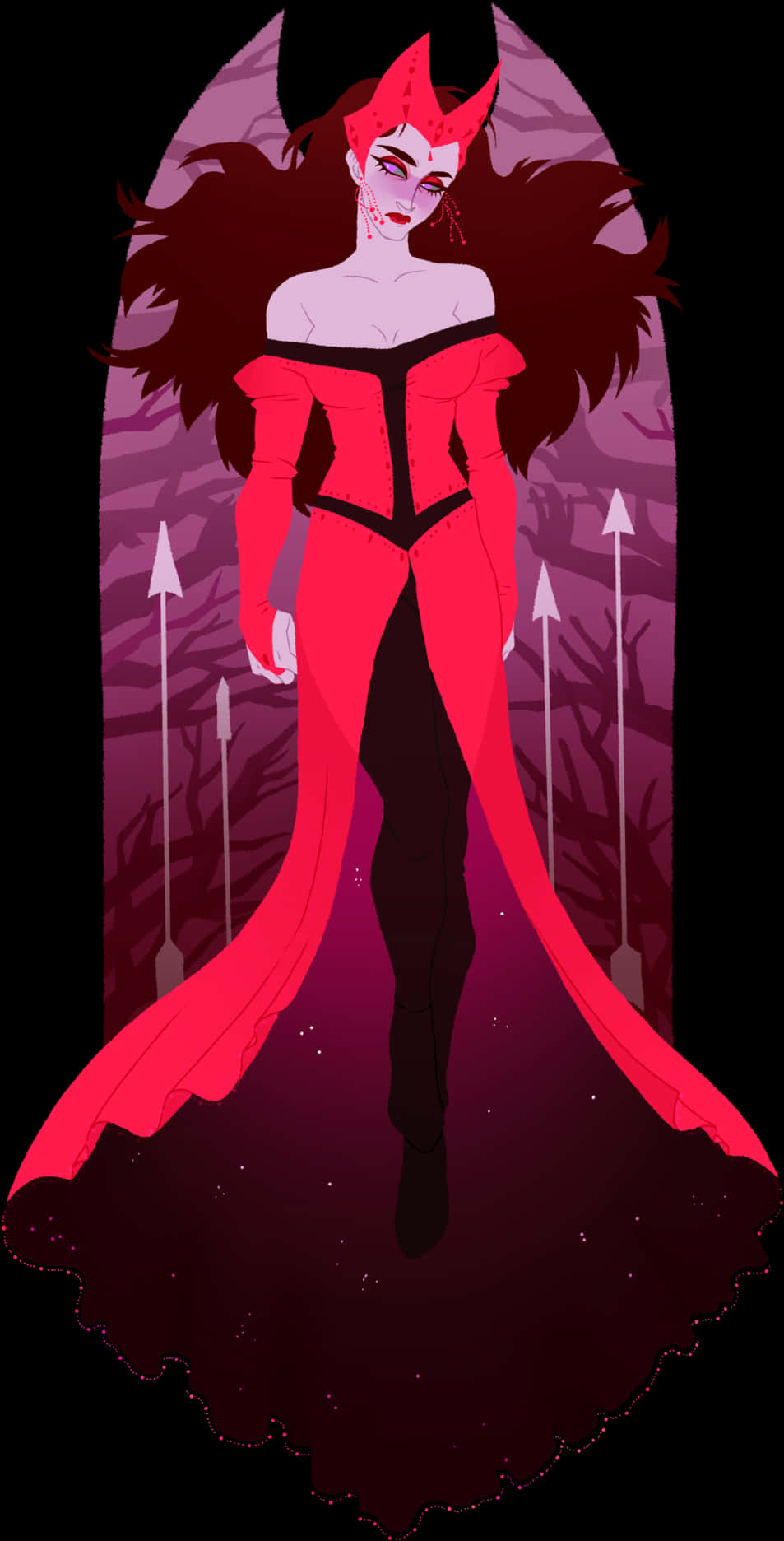 Scarlet Witch 桌布 壁紙 — 一位引人注目的動漫風格女性，擁有紅色角和飄逸的頭髮，穿著大膽的紅色長袍，背景是深紫色森林和箭矢。
