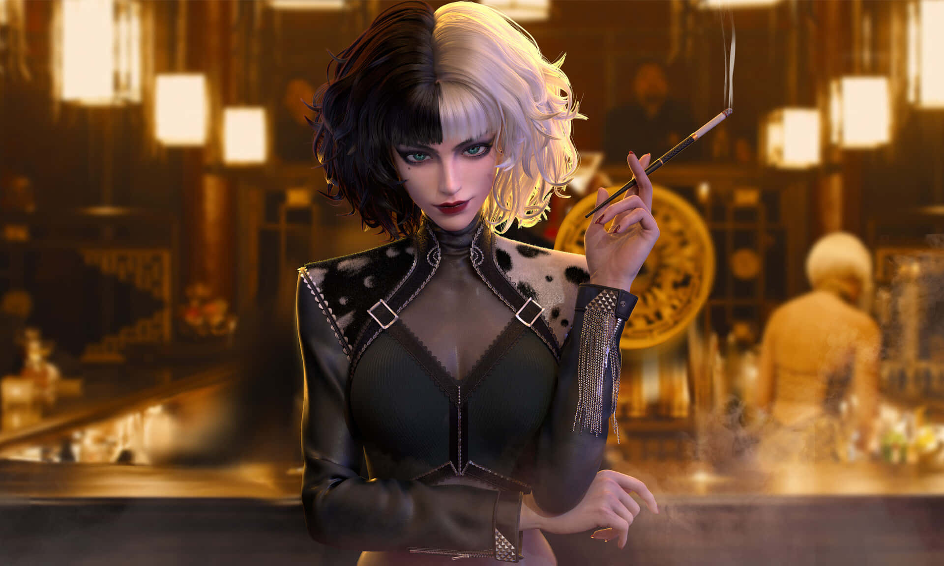 Cruella 桌布 壁紙 — 一位引人注目的動漫風格女性，擁有黑白頭髮，在溫暖燈光下、華麗的酒吧裡抽煙。
