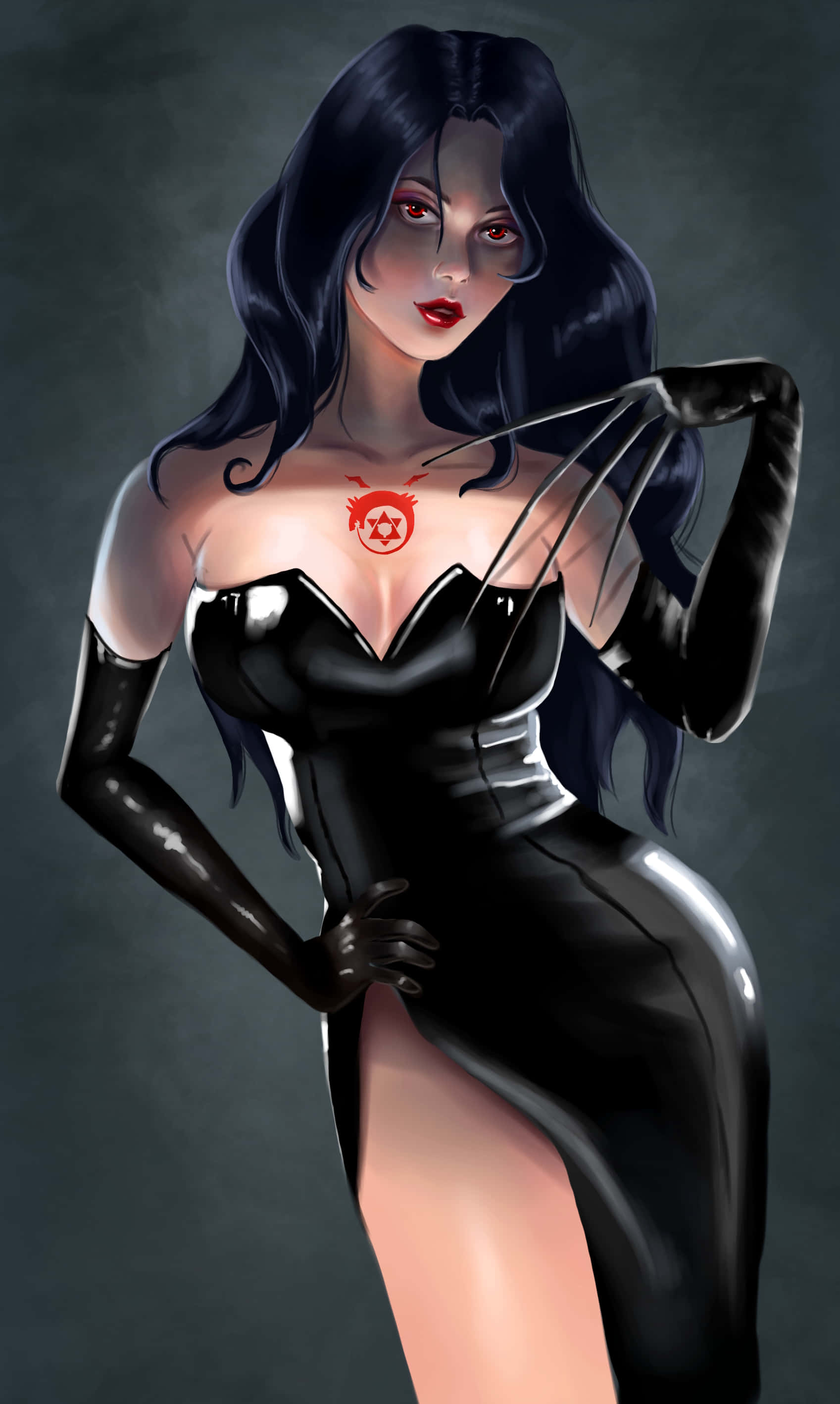 Fullmetal Alchemist Lust 桌布 壁紙 — 一位引人注目的動漫風格女性，擁有黑色長髮和紅色眼睛，穿著帶有爪手套的亮黑色服裝，胸前有紅色星星刺青。