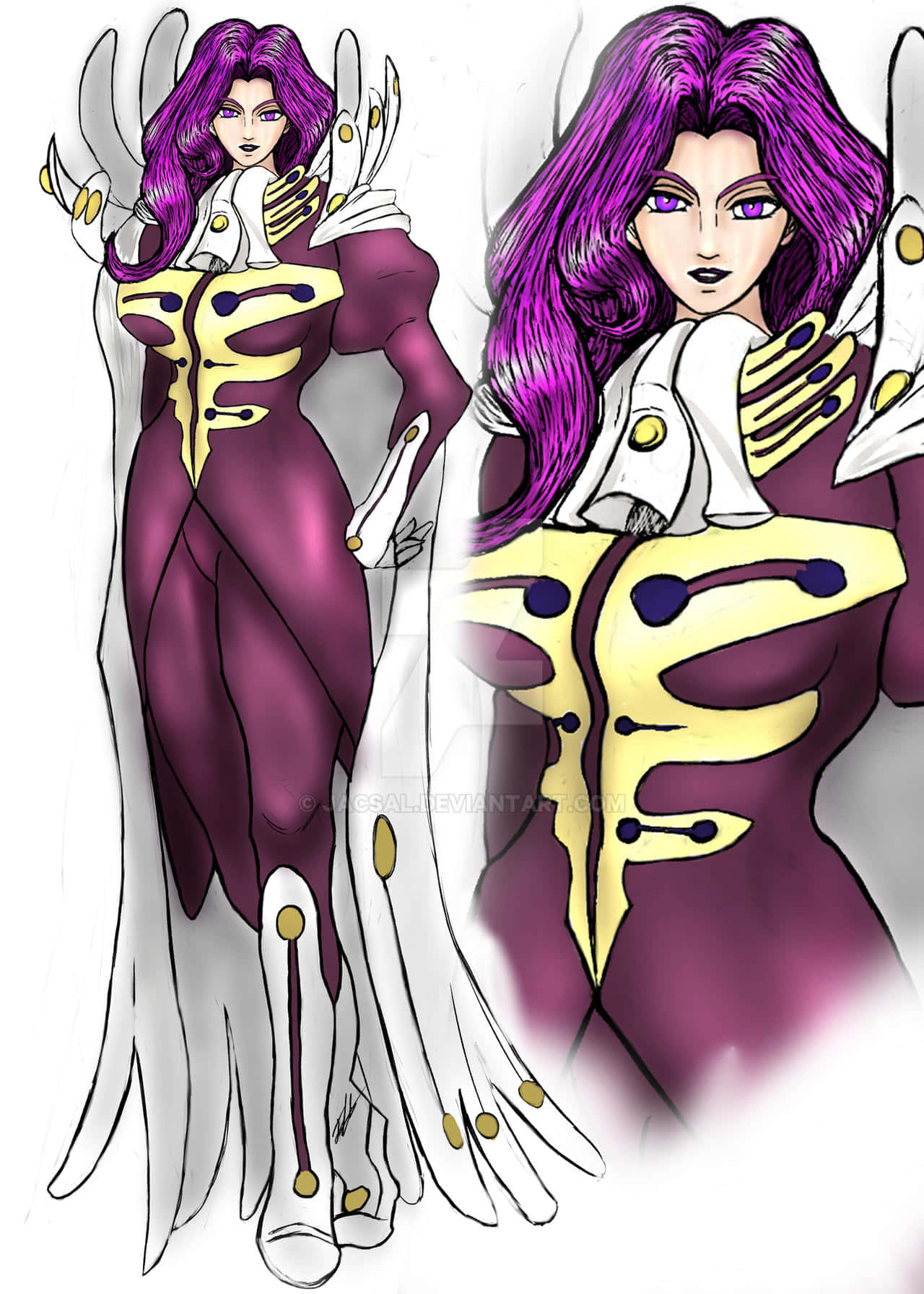 Cornelia Li Britannia 桌布 壁紙 — 一位引人注目的動漫風格女性，擁有長長的紫色頭髮和白色羽毛翅膀，穿著帶有發光裝飾的紫色和金色裝甲緊身衣。
