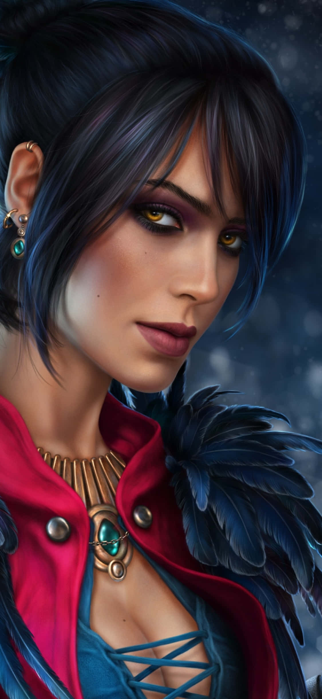 iPhone Xs Dragon Age Inquisition 桌布 壁紙 — 一位引人注目的動漫風格女性，深色頭髮和金色眼睛，穿著飾有黑色羽毛的紅色外套，背景是星空夜空。