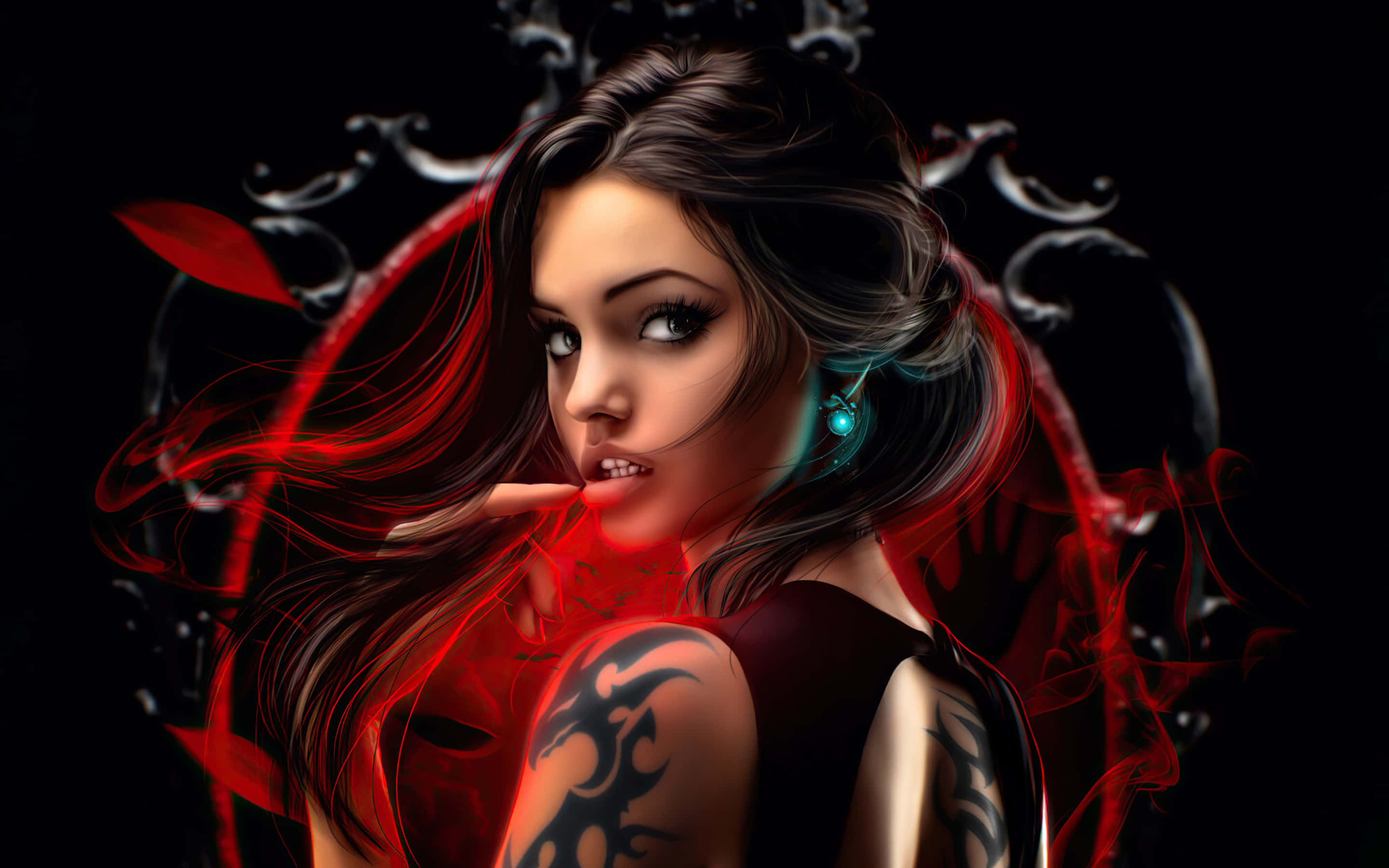Dark Vampire 桌布 壁紙 — 一位引人注目的動漫風格女性，身上有刺青和發光的耳環，被旋轉的紅色能量包圍在黑暗背景中。