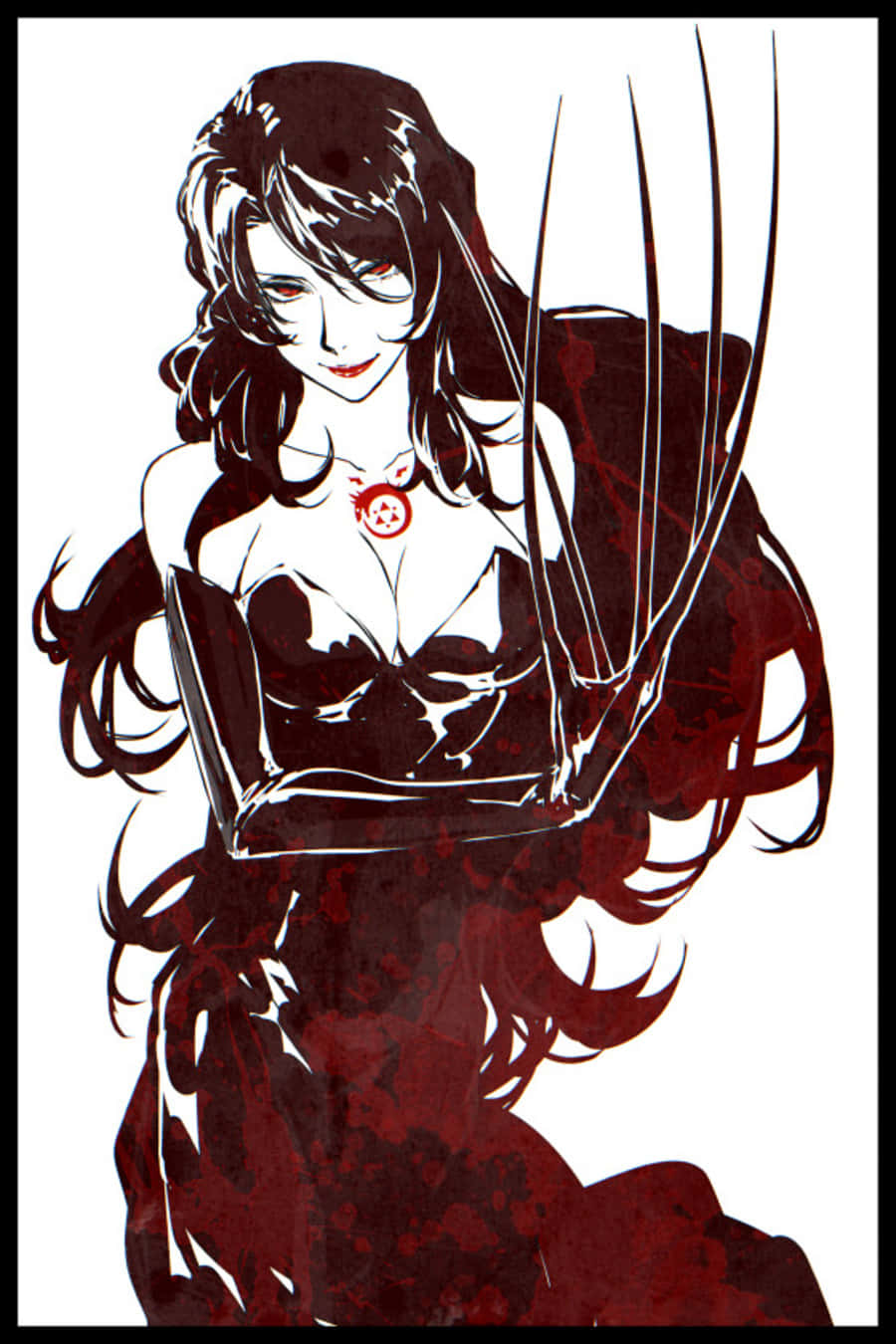 Fullmetal Alchemist Lust 桌布 壁紙 — 一位引人注目的動漫風格女性，長著深色長髮和紅色眼睛，在純白背景上揮舞著亞德曼合金爪。