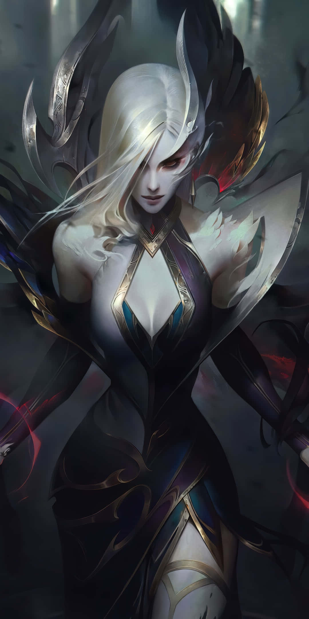 Android League Of Legends 桌布 壁紙 — 一位引人注目的動漫風格女戰士，白髮華麗，身穿華麗的暗色盔甲，站在陰影背景前。