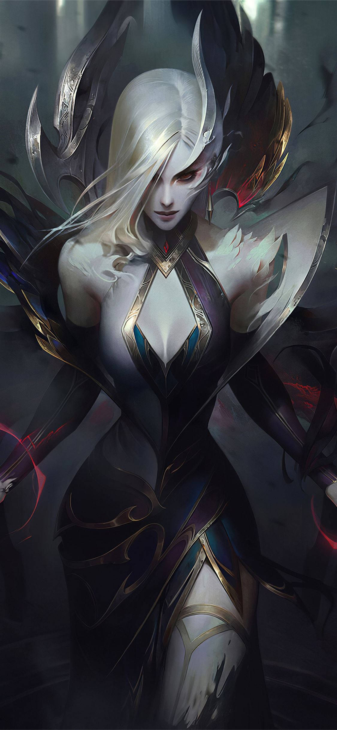 Lol 桌布 壁紙 — 一位引人注目的動漫風格女戰士，白髮華麗，身穿華麗的暗色盔甲，站在陰影背景前。