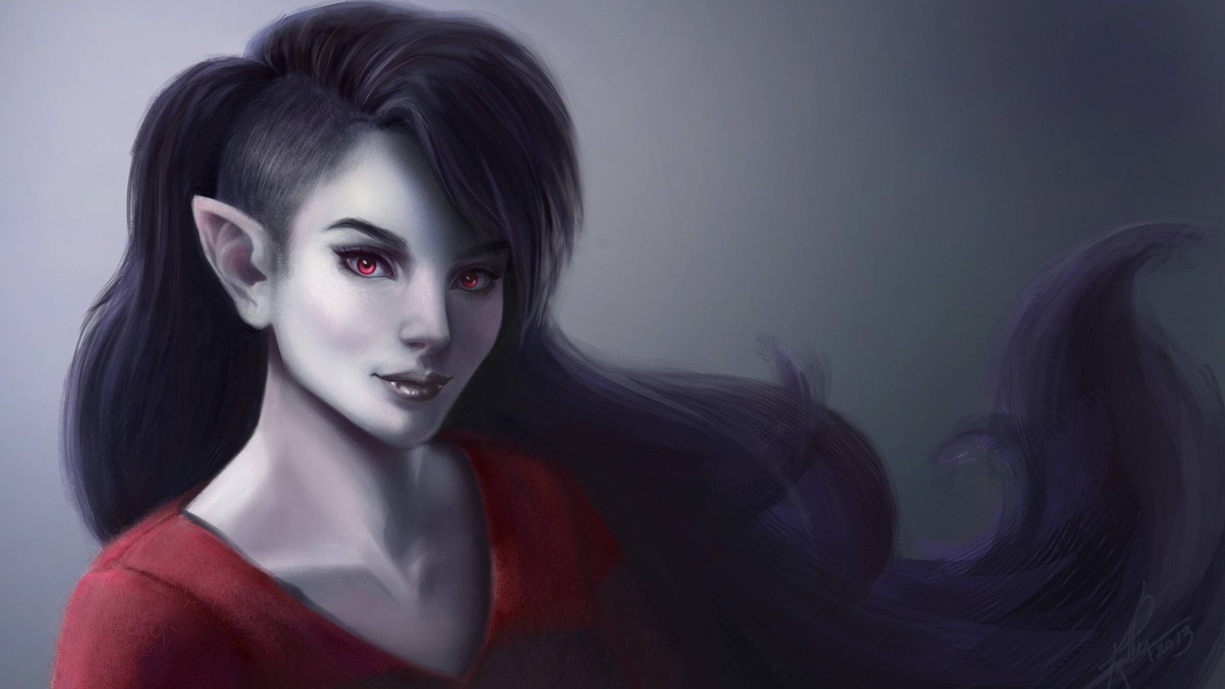 Marceline 桌布 壁紙 — 一位引人注目的精靈女性，擁有發光的紅色眼睛和深色頭髮，在柔和的灰色背景中飄逸，穿著紅色上衣。