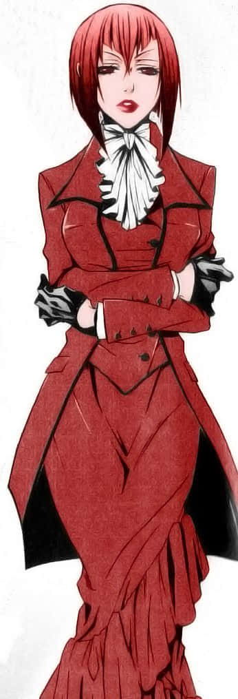 Madam Red 桌布 壁紙 — 一位引人注目的紅髮動漫女性，在素色背景前穿著一件戲劇性的紅色外套和白色荷葉邊領。