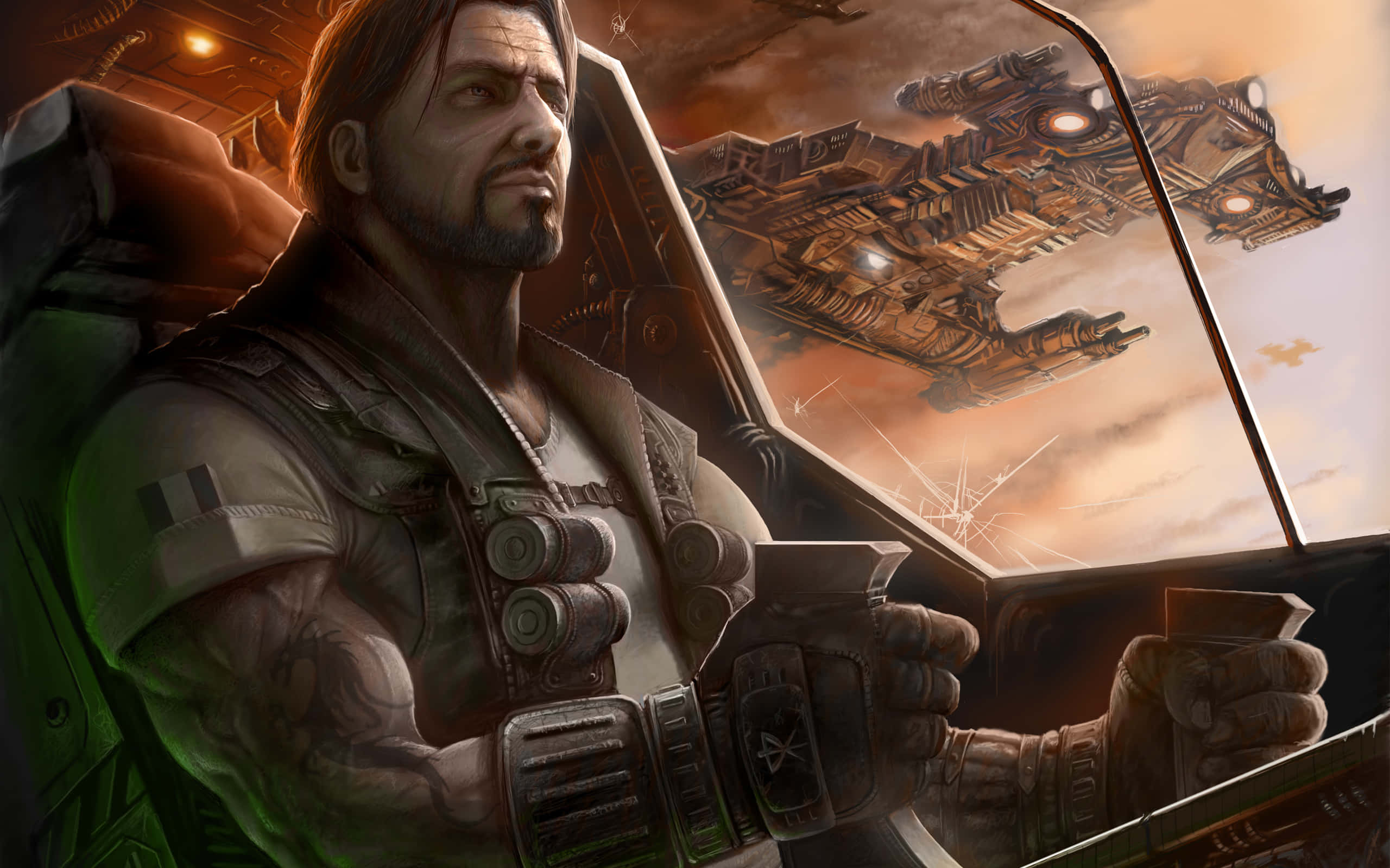 Starcraft Characters 桌布 壁紙 — 一位強壯的機師在駕駛艙向前凝視，一艘巨大的戰艦正飛過火紅色的天空。