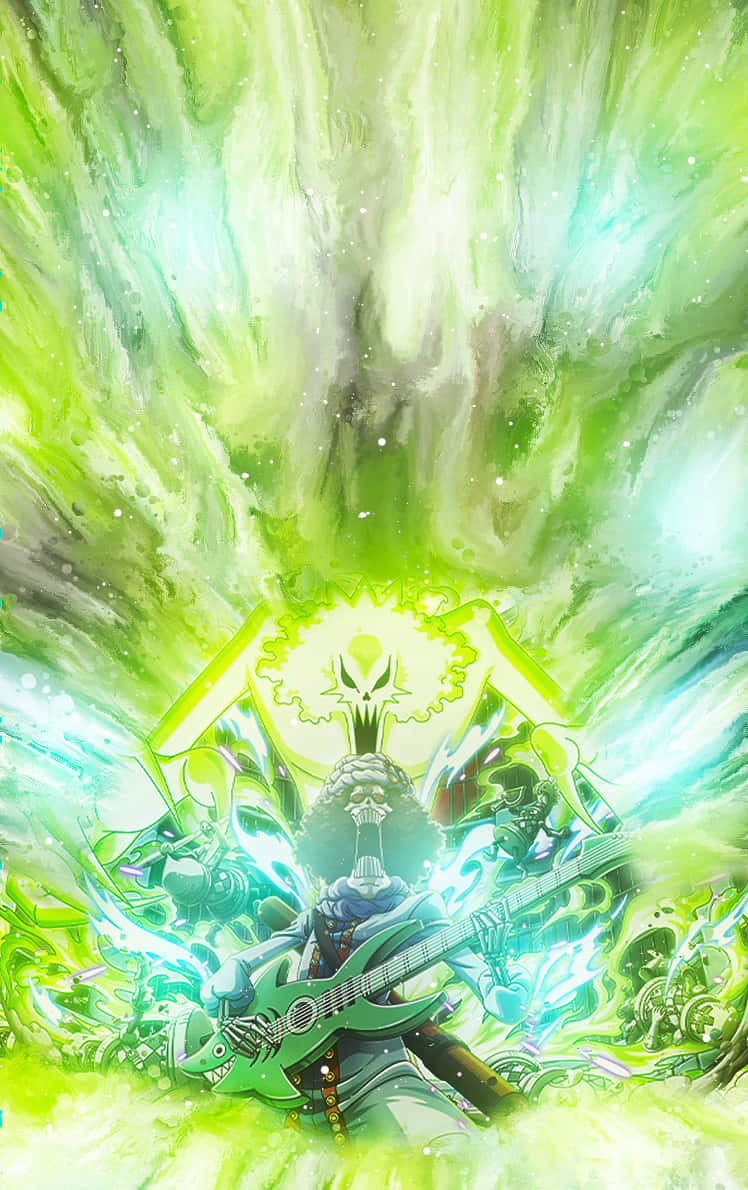 Brook 桌布 壁紙 — 一位強大的動漫吉他手在旋轉的宇宙背景下，從他的吉他釋放出發光的綠色能量爆炸。