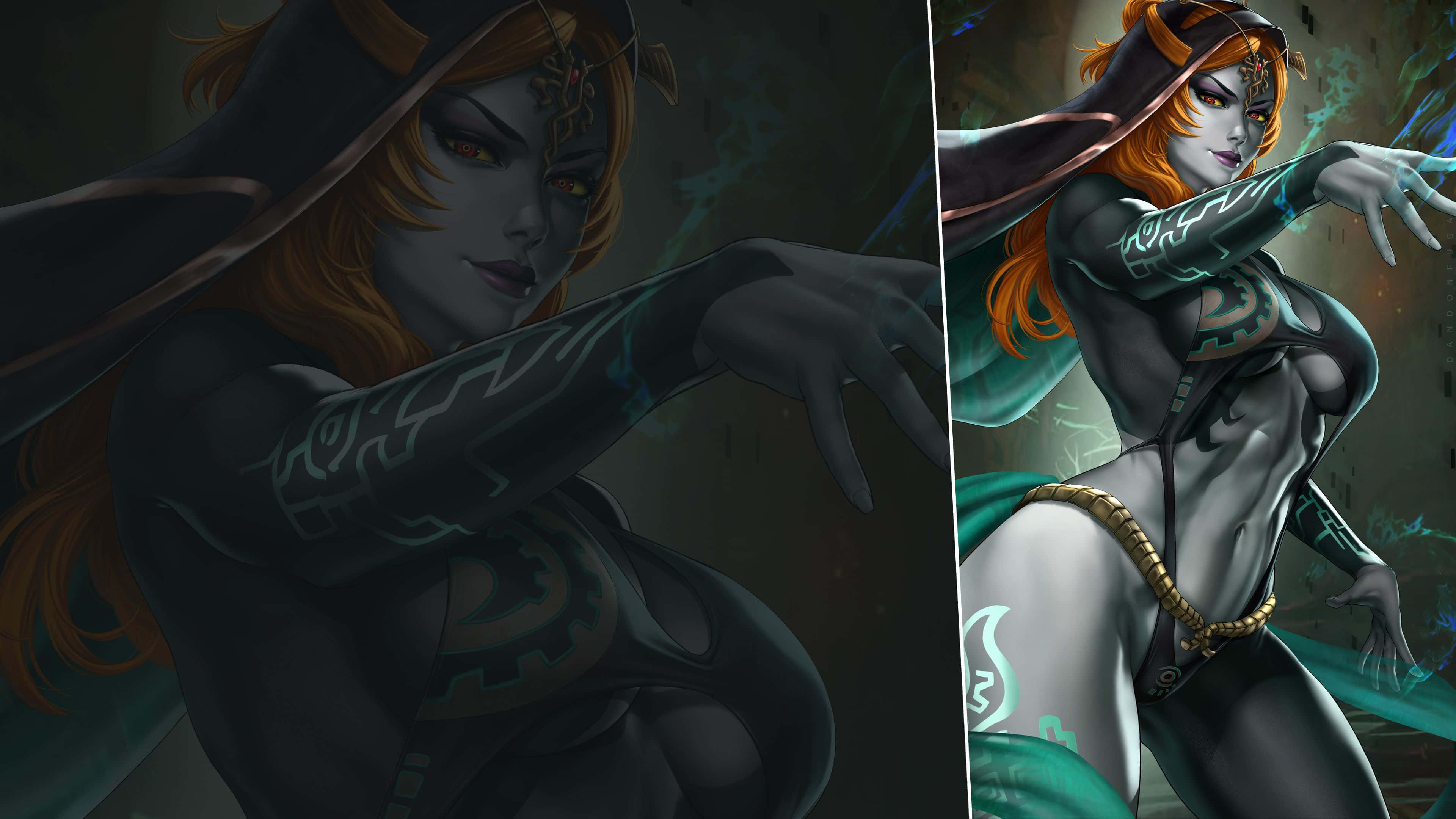 The Legend Of Zelda Midna 桌布 壁紙 — 一位強大的動漫女巫，帶有發光的紋身和飄逸的橙色頭髮，在黑暗神秘的環境中施展魔法。