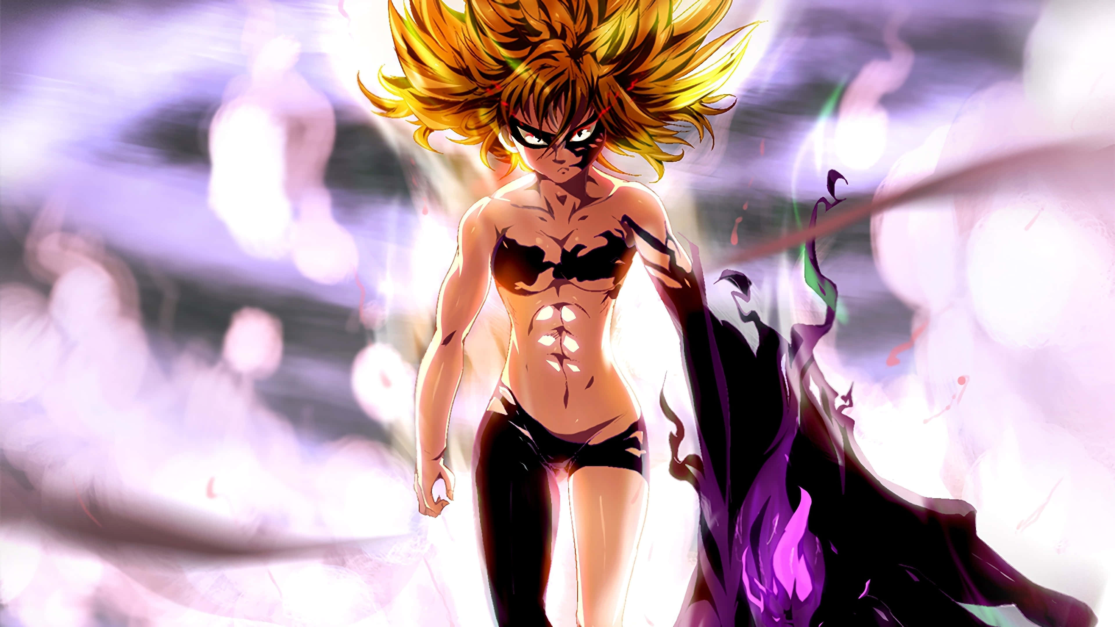 Seven Deadly Sins 4K 桌布 壁紙 — 一位強大的動漫女戰士，擁有尖刺金髮和發光的眼睛，以動態姿勢站在旋轉的紫色和白色能量背景前。