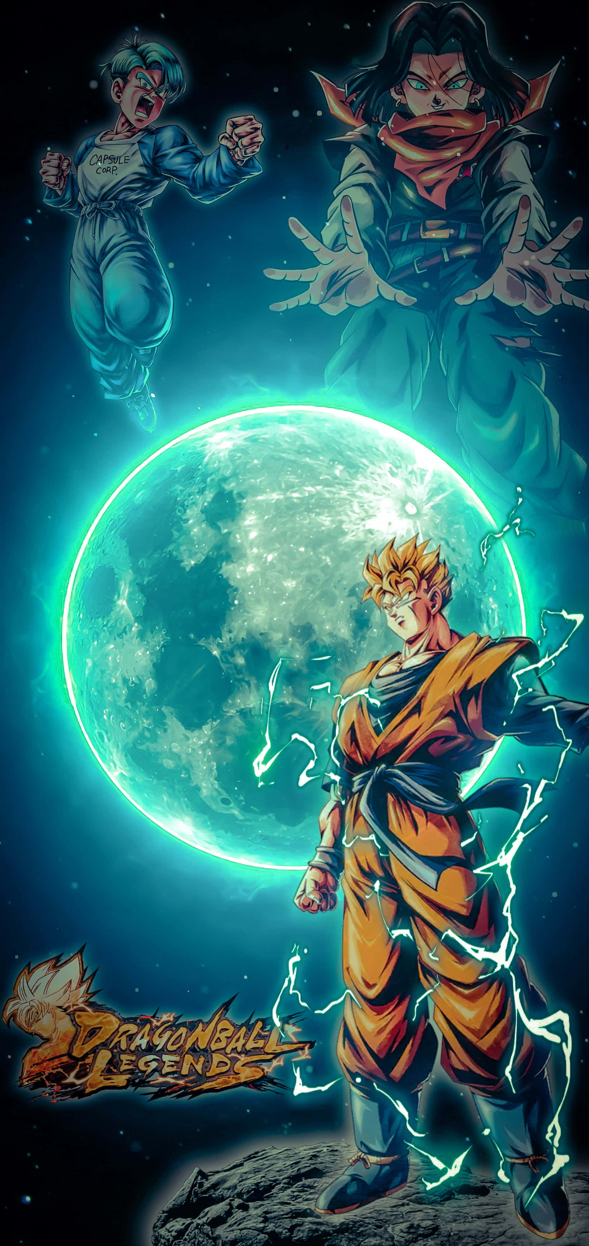 Dragon Ball Legends 桌布 壁紙 — 一位強大的動漫戰士，周圍閃電劈啪作響，站在發光的月亮前，另外兩名戰士在宇宙戰鬥場景中懸浮在上方。