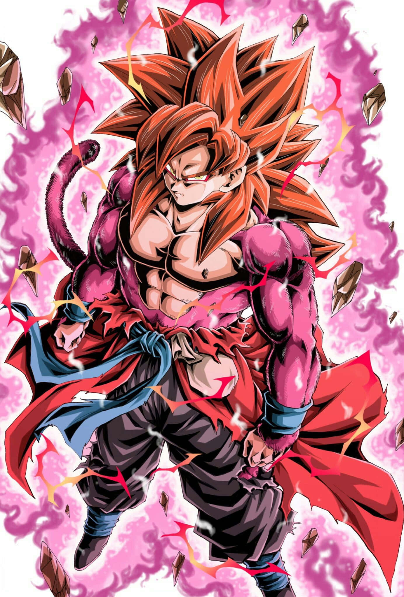 Goku Ssj4 桌布 壁紙 — 一位強大的動漫戰士，擁有尖刺的橙色頭髮和粉紅色光環，站在破碎的岩石和劈啪作響的能量之中。