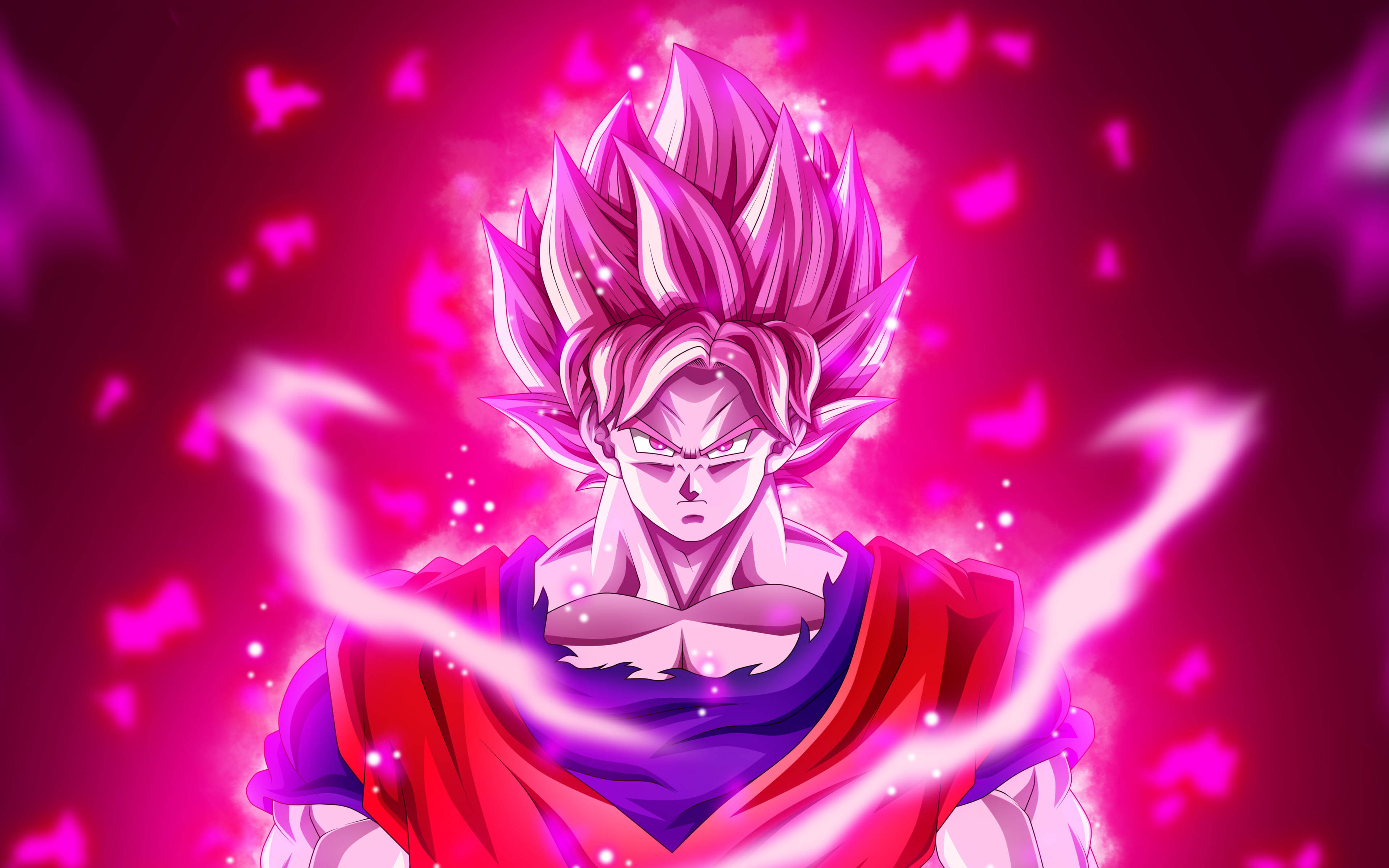black goku rose 4K 桌布 壁紙 — 一位強大的動漫戰士，擁有尖刺的粉紅色頭髮和發光的氣場，在充滿活力的粉紅色背景下散發出強烈的能量。