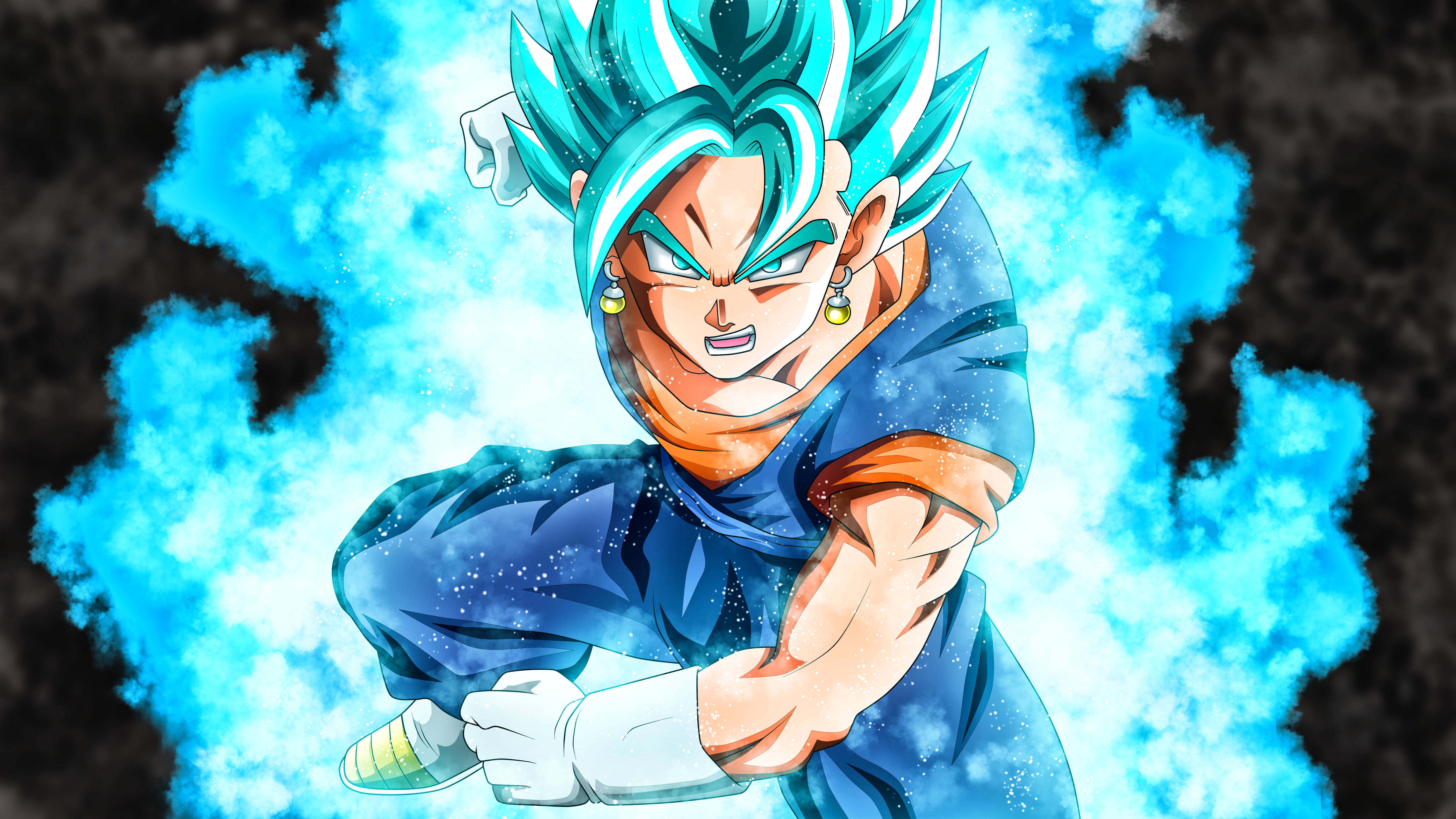 Vegito 桌布 壁紙 — 一位強大的動漫戰士，擁有尖刺的藍色頭髮和發光的光環，在黑暗的宇宙背景下擺出兇猛的戰鬥姿勢。