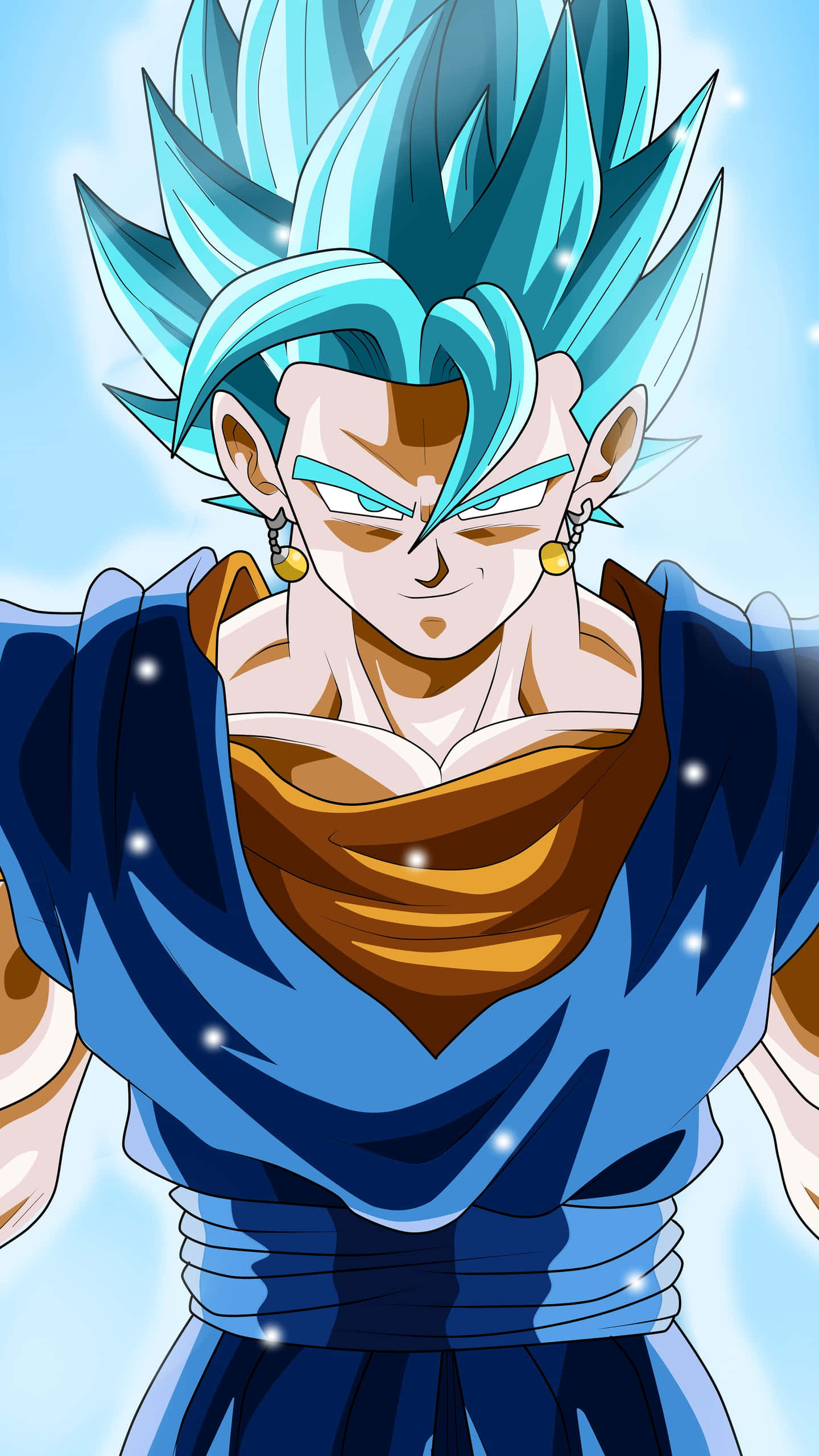 Dragon Ball Z Characters 桌布 壁紙 — 一位強大的動漫戰士，擁有尖刺的藍色頭髮和發光的眼睛，自信地站在星空下。