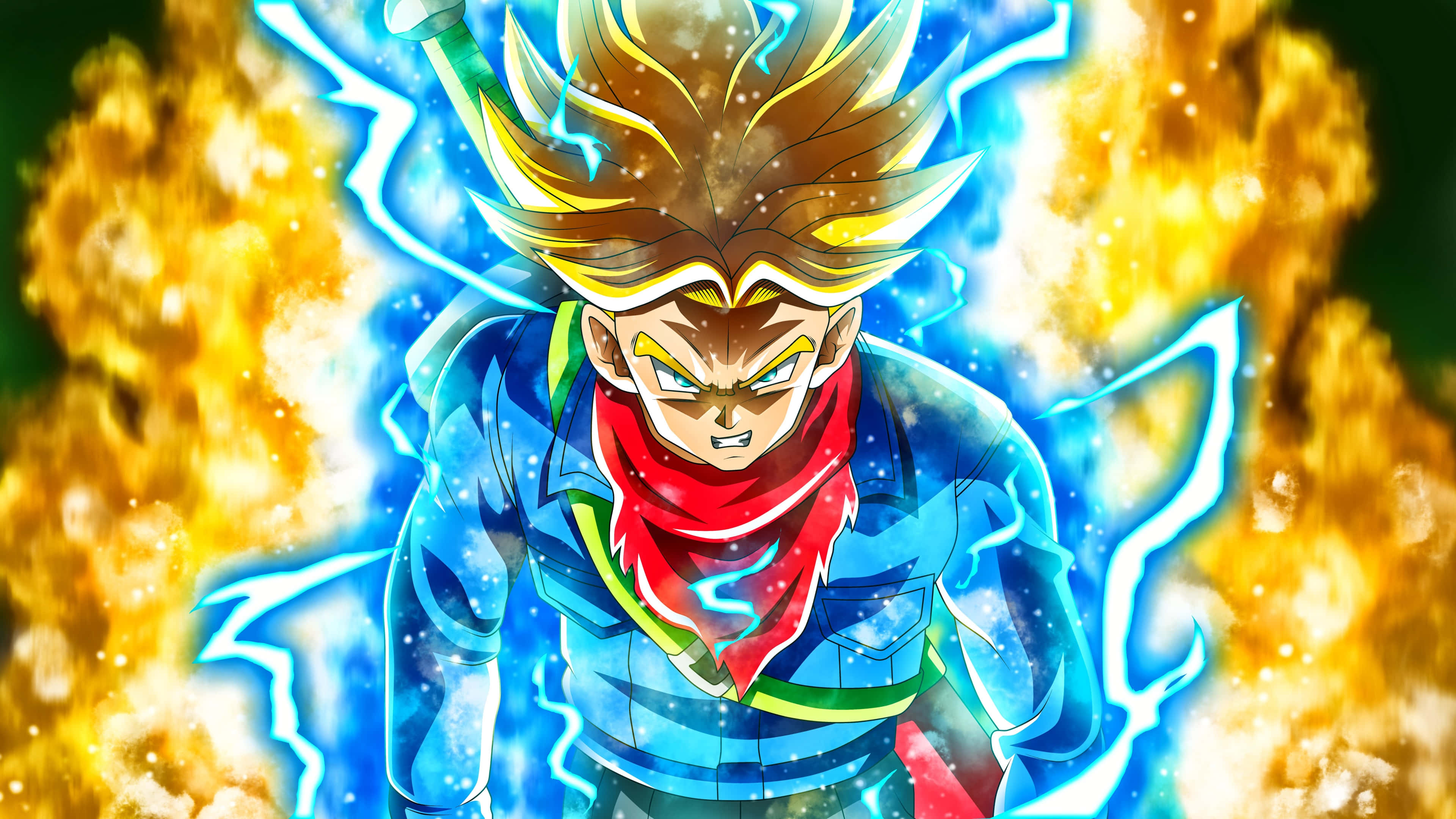 Cool Dragon Ball 桌布 壁紙 — 一位強大的動漫戰士，擁有尖刺的金色頭髮和藍色光環，站在熾熱的爆炸和噼啪作響的閃電之中。