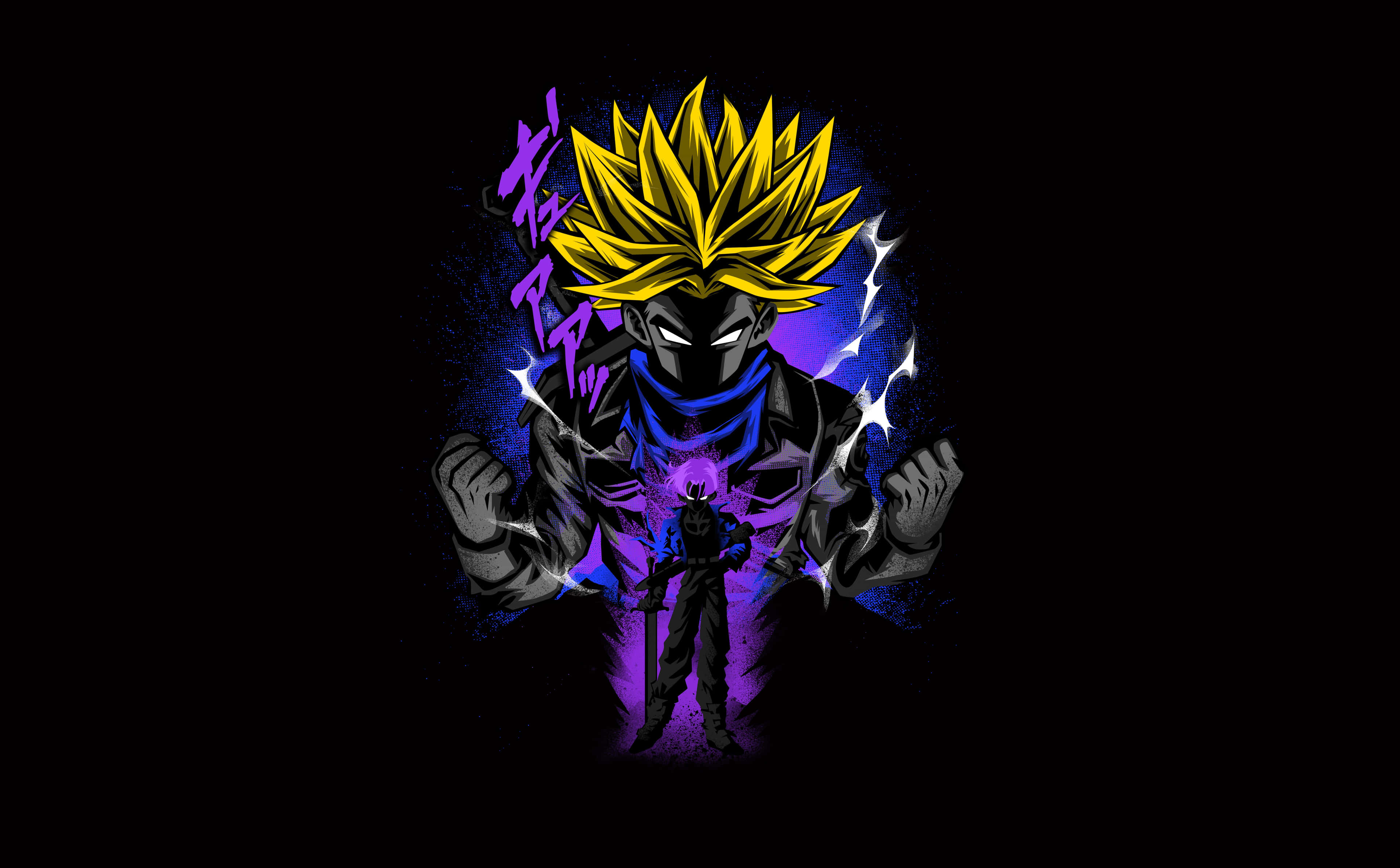 Cool Dragon Ball 桌布 壁紙 — 一位強大的動漫戰士，擁有尖刺的金色頭髮和發光的眼睛，站在帶有紫色能量效果的黑暗背景前。