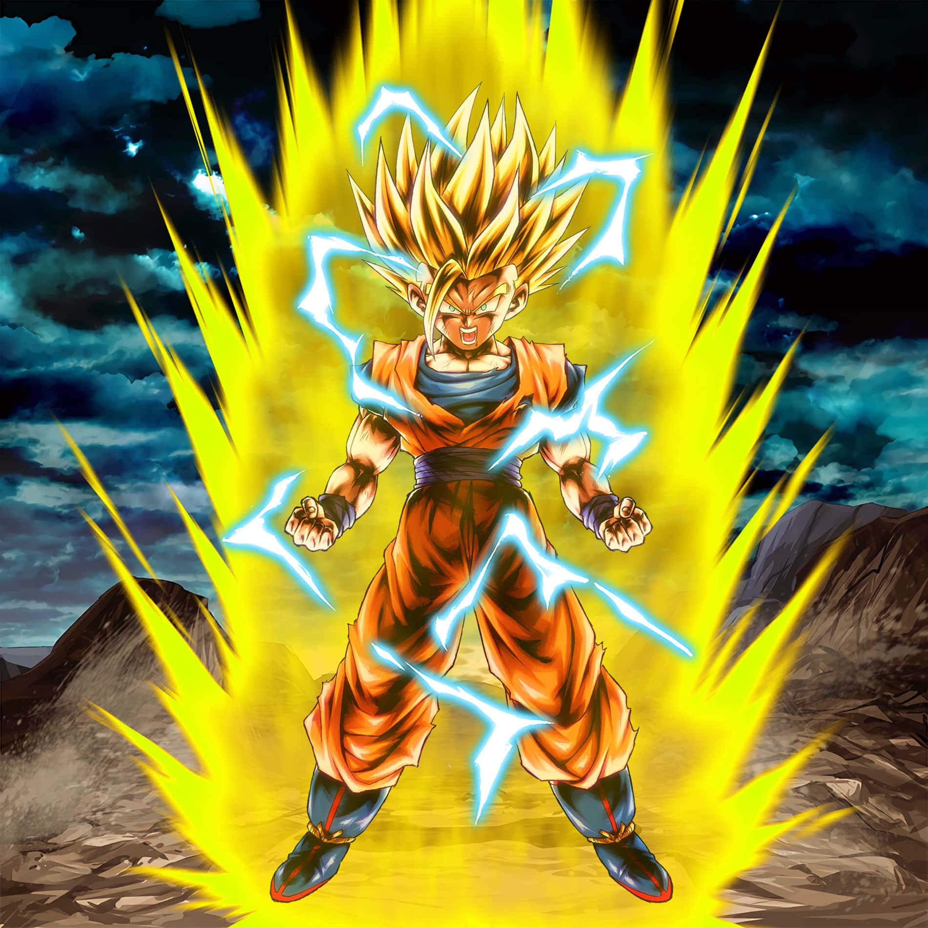 Teen Gohan 桌布 壁紙 — 一位強大的動漫戰士，擁有尖刺的金色頭髮，在暴風雨的夜空中散發出黃色能量和藍色閃電。