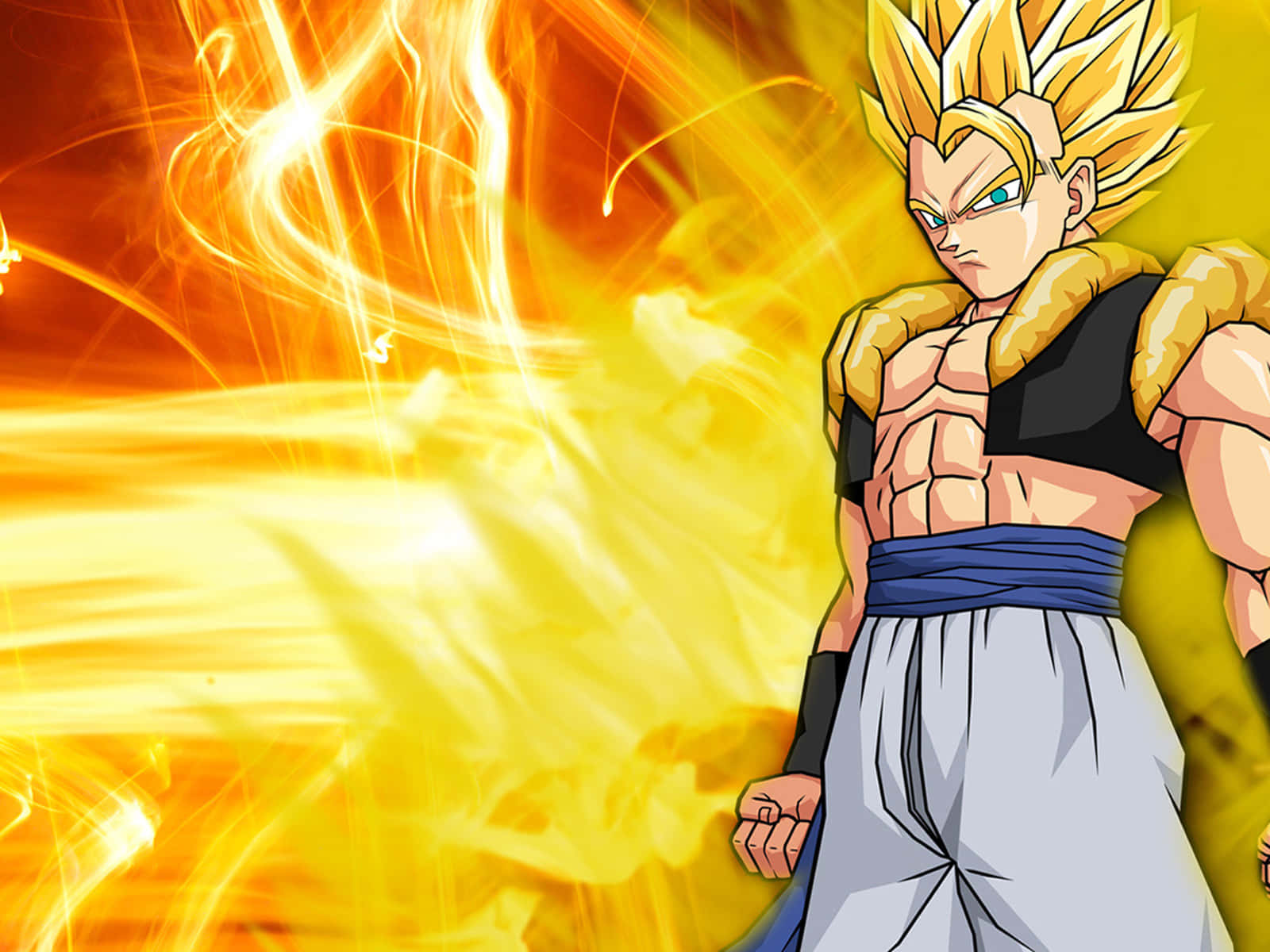 Dragon Ball Z Characters 桌布 壁紙 — 一位強大的動漫戰士，擁有尖刺的金色頭髮，站在熾熱的橙色和黃色能量光環前。