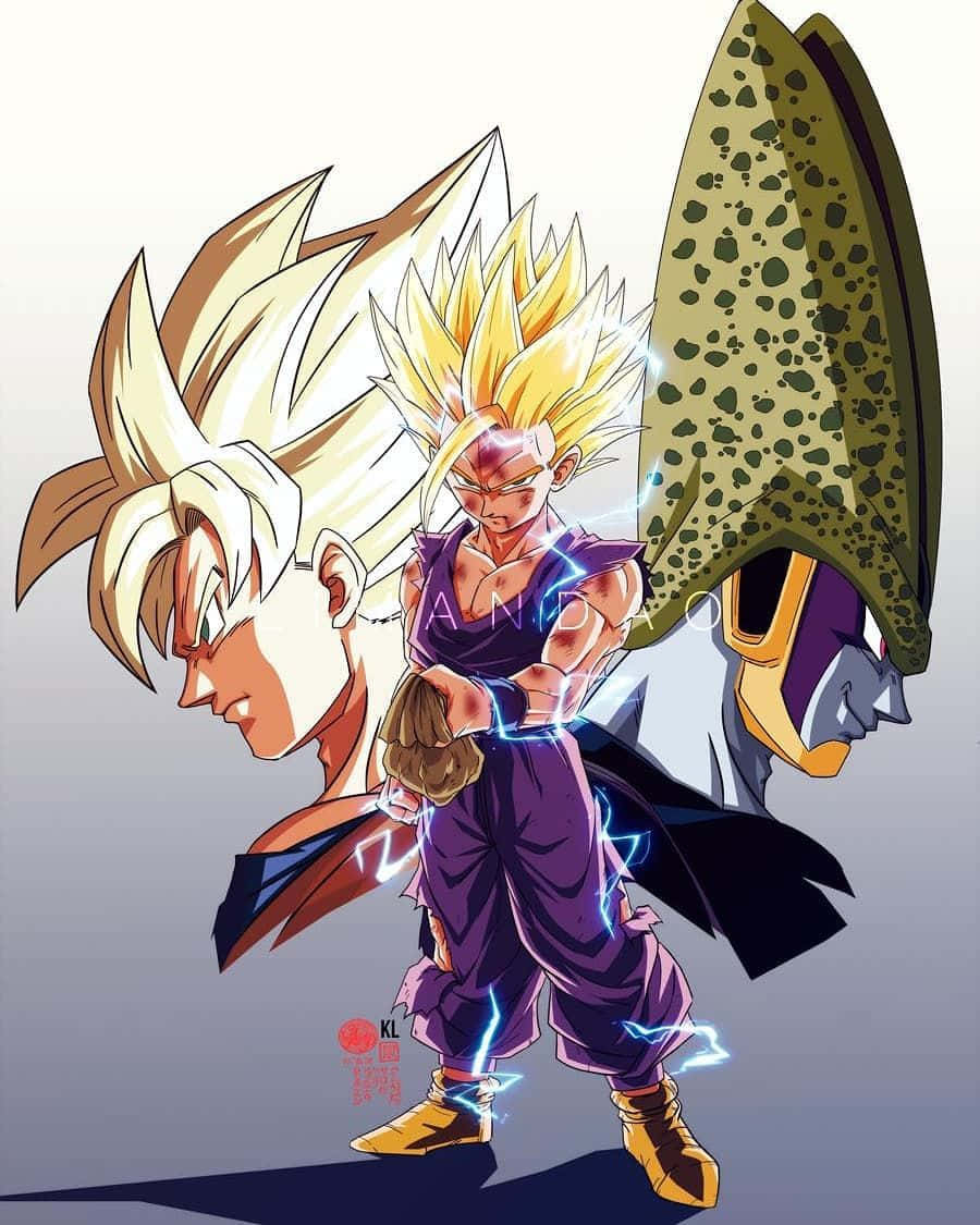 Teen Gohan 桌布 壁紙 — 一位強大的動漫戰士，擁有尖刺金髮和紫色道服，被電藍色能量包圍，擺出戰鬥姿勢。