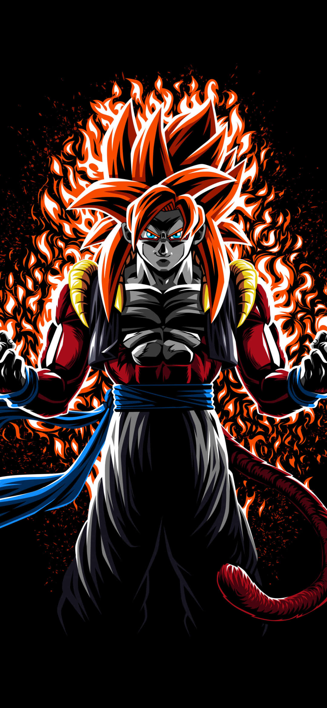 Goku Super Saiyan 4 桌布 壁紙 — 一位強大的動漫戰士，擁有火熱的橙色頭髮和發光的眼睛，站在黑色背景前，周圍環繞著火焰。