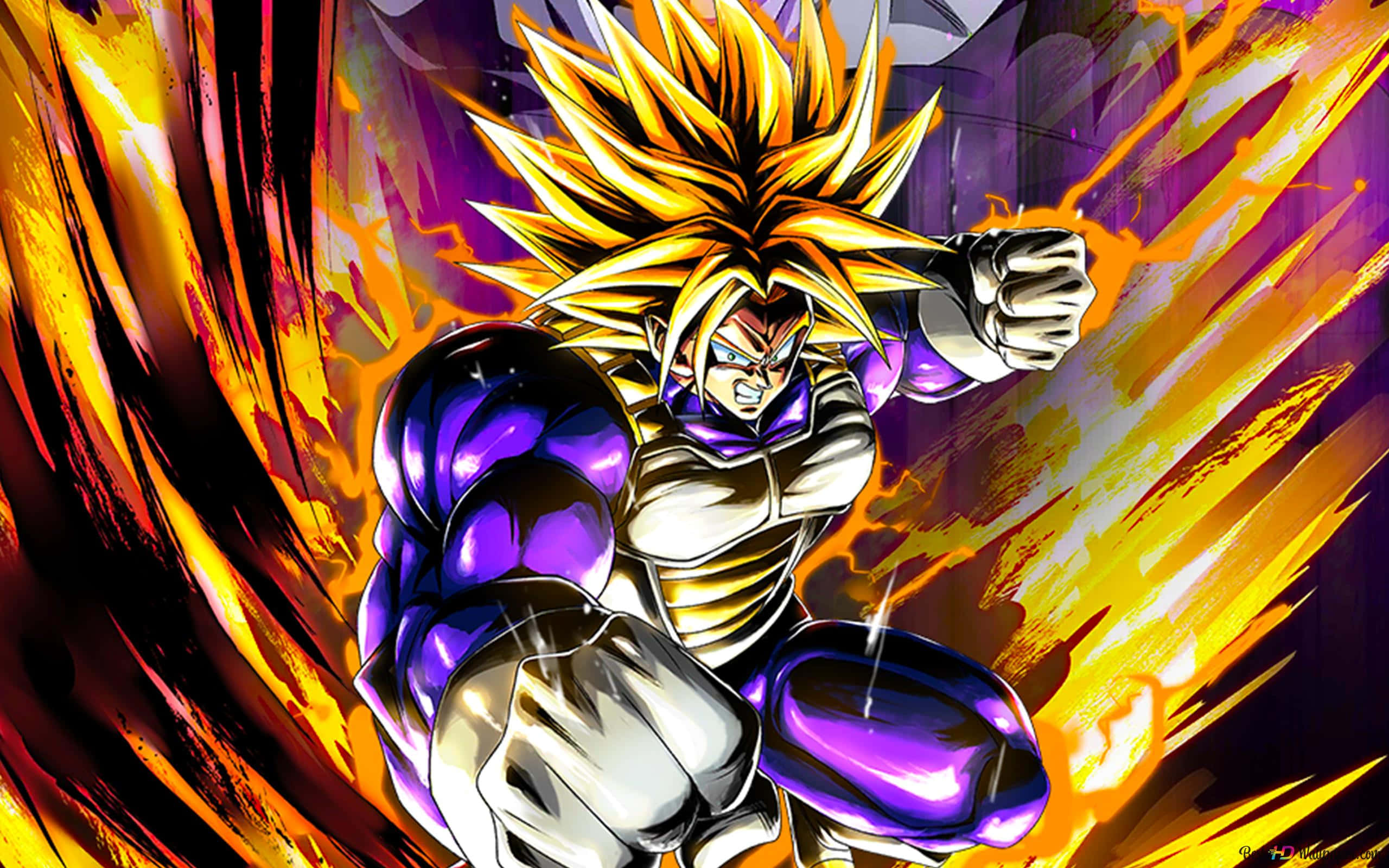Dragon Ball Z Trunks 桌布 壁紙 — 一位強大的動漫戰士，擁有金色刺蝟頭和紫色盔甲，在火熱的橙色和紫色背景下動態出擊。