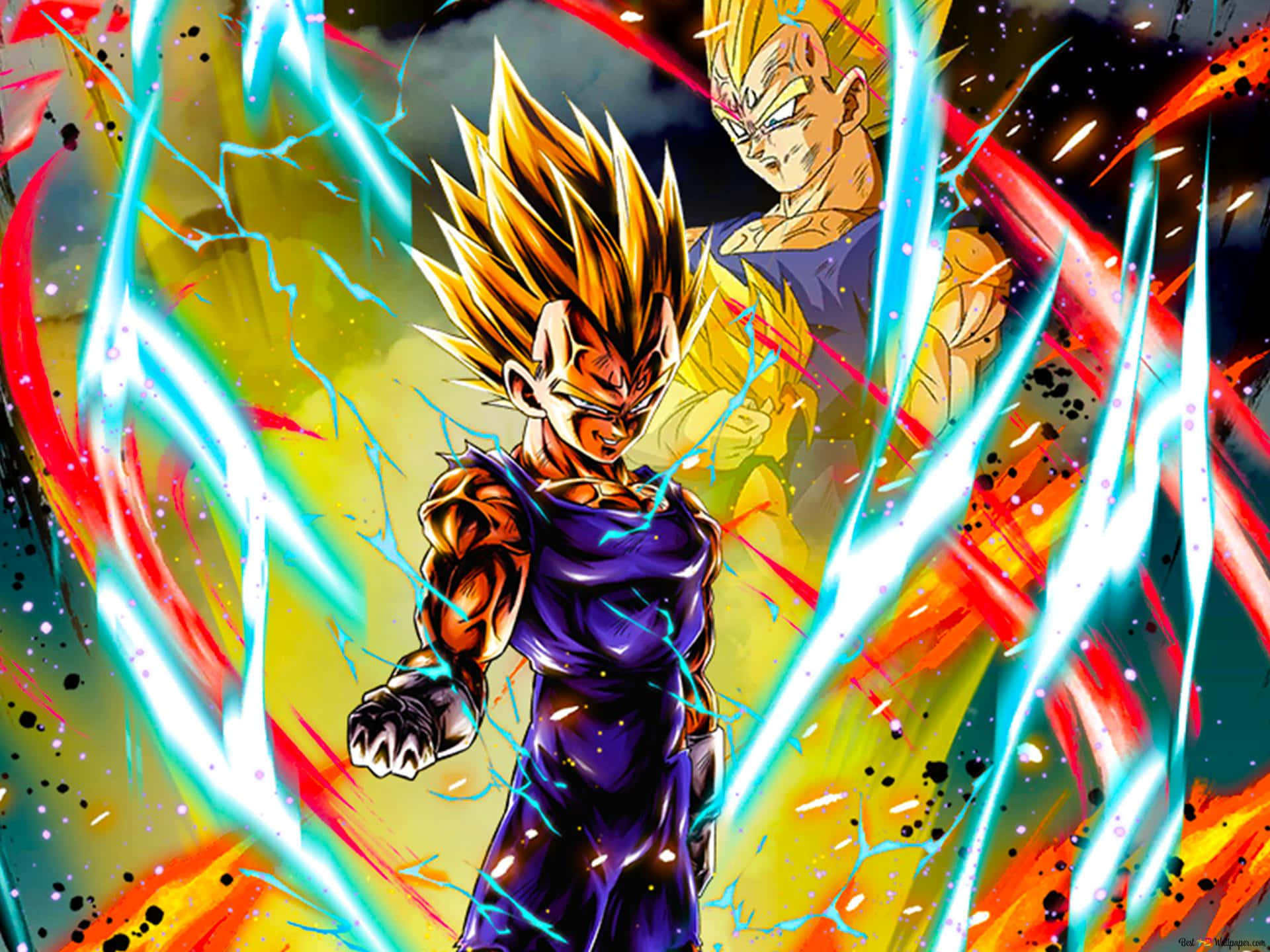 Cool Vegeta 桌布 壁紙 — 一位強大的動漫戰士，擁有金色尖刺頭髮和紫色道服，在動態戰鬥姿勢中引導藍色能量。