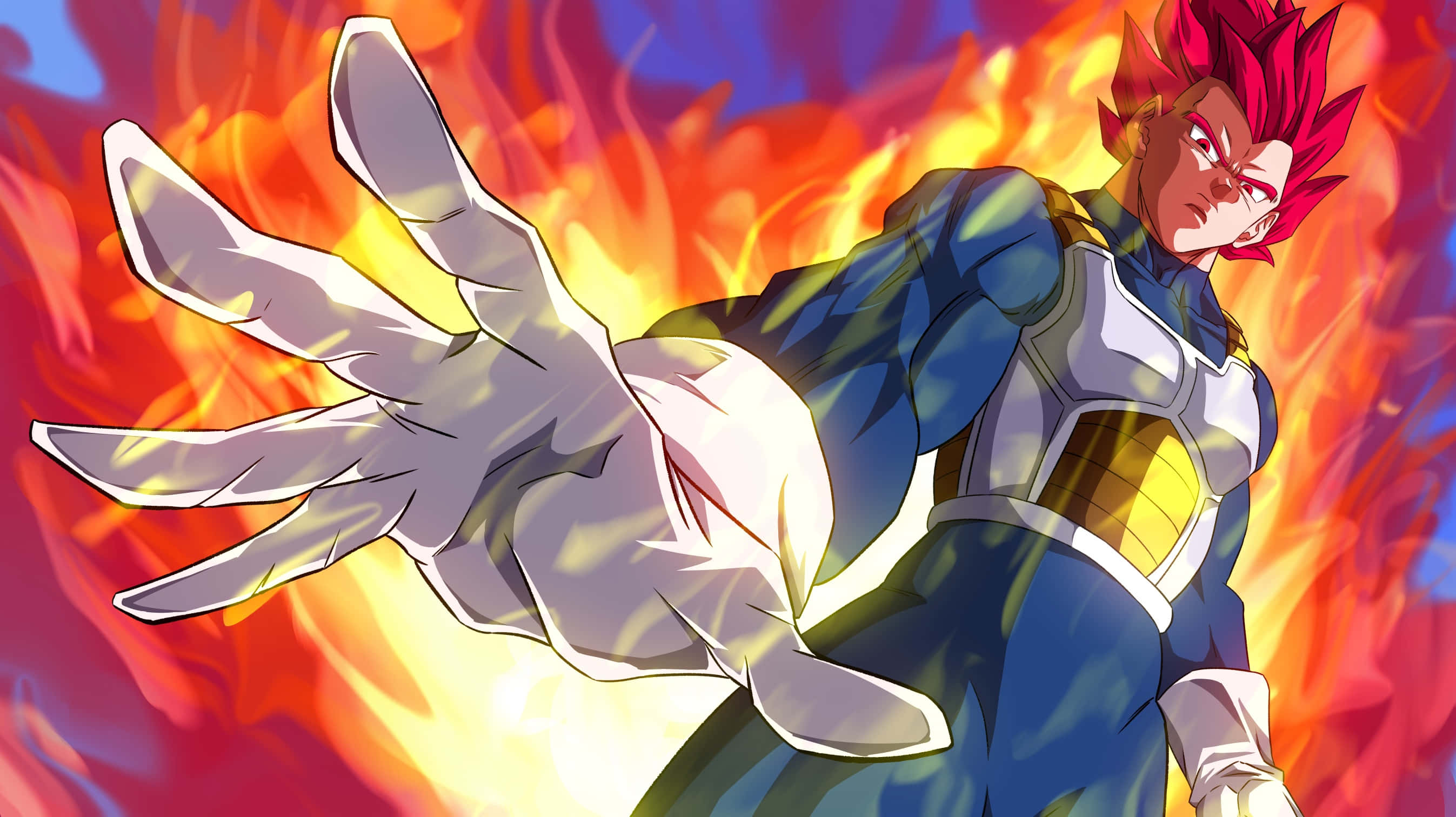 Vegeta Super Saiyan God 桌布 壁紙 — 一位強大的動漫戰士，紅髮藍甲，在熾熱的橙色和藍色背景前伸出手。