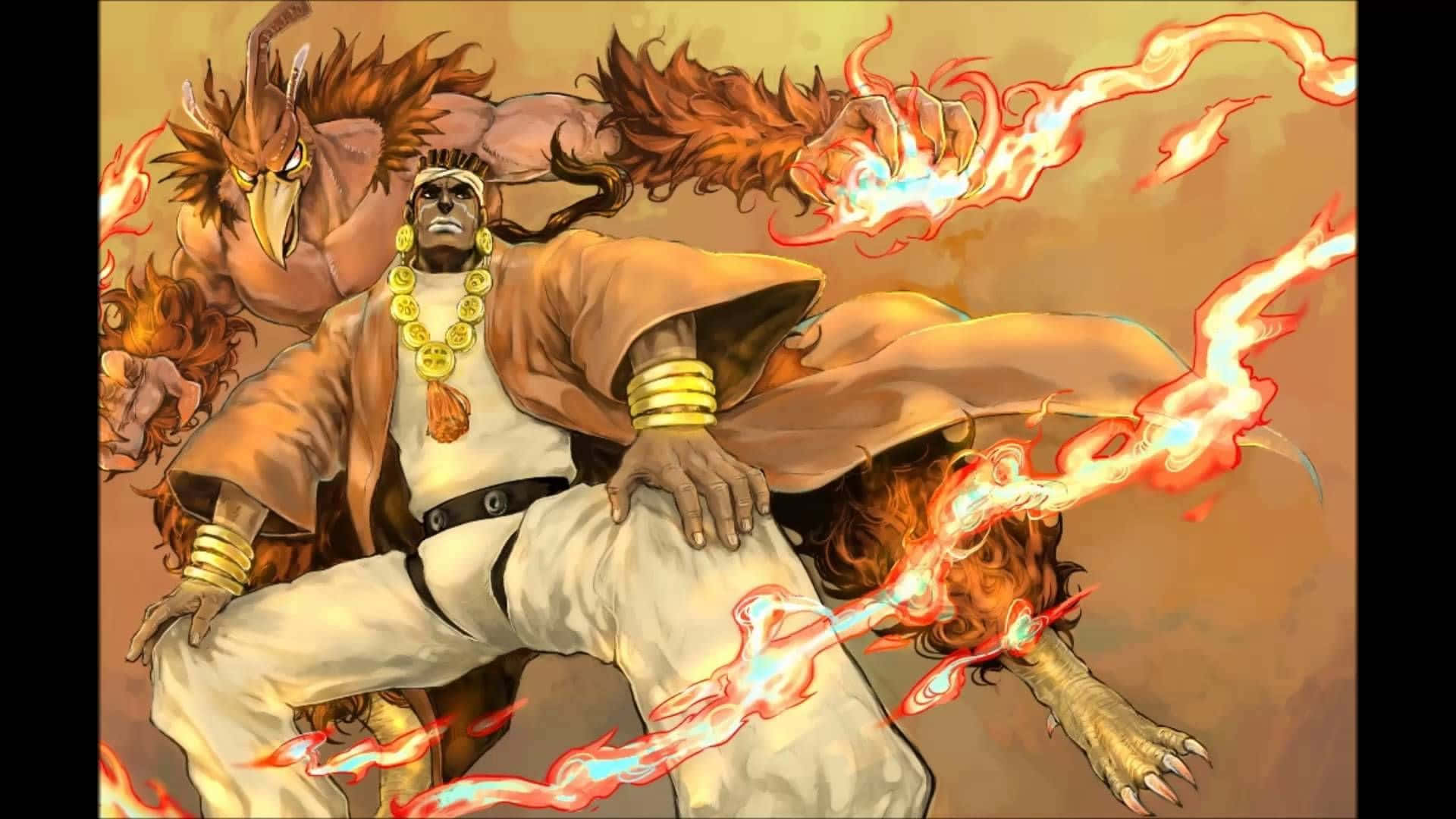 Muhammad Avdol 桌布 壁紙 — 一位強大的動漫戰士，身後有火焰般的能量爆發和一隻類似鳥類的生物，擺出動態的戰鬥姿勢。