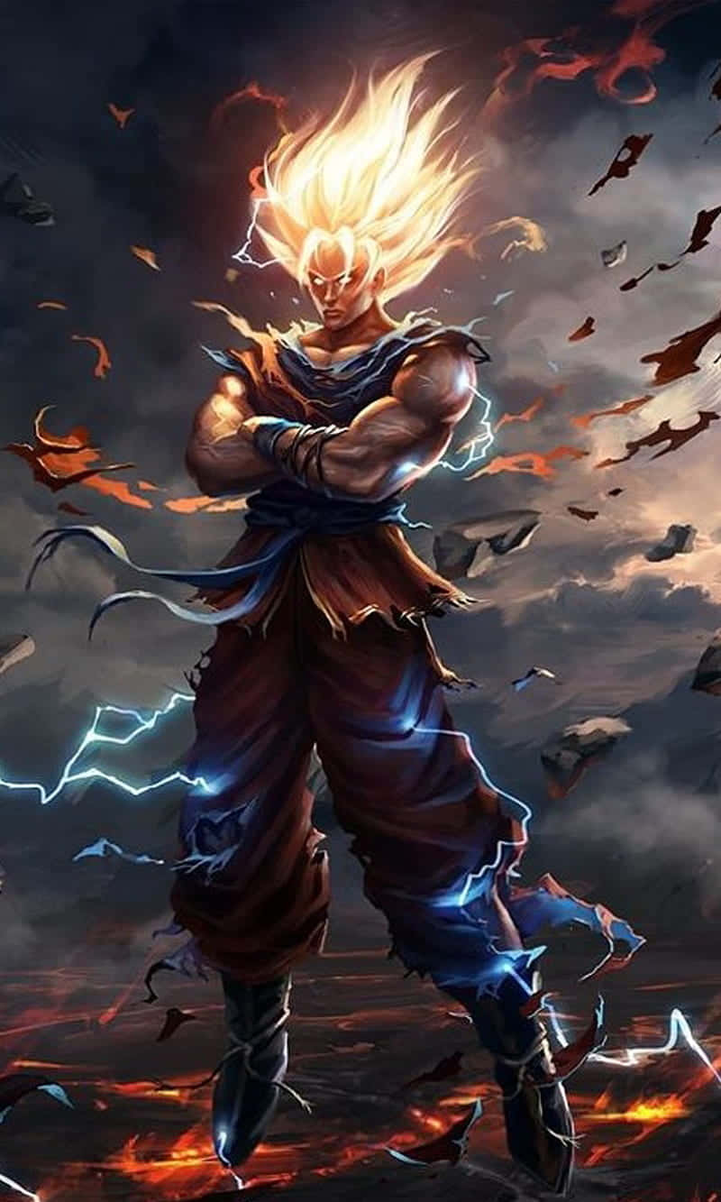 龍珠Z 桌布 壁紙 — 一位強大的動漫戰士，金髮藍電在他周圍劈啪作響，他站在風暴肆虐的戰場上，碎片飛揚。