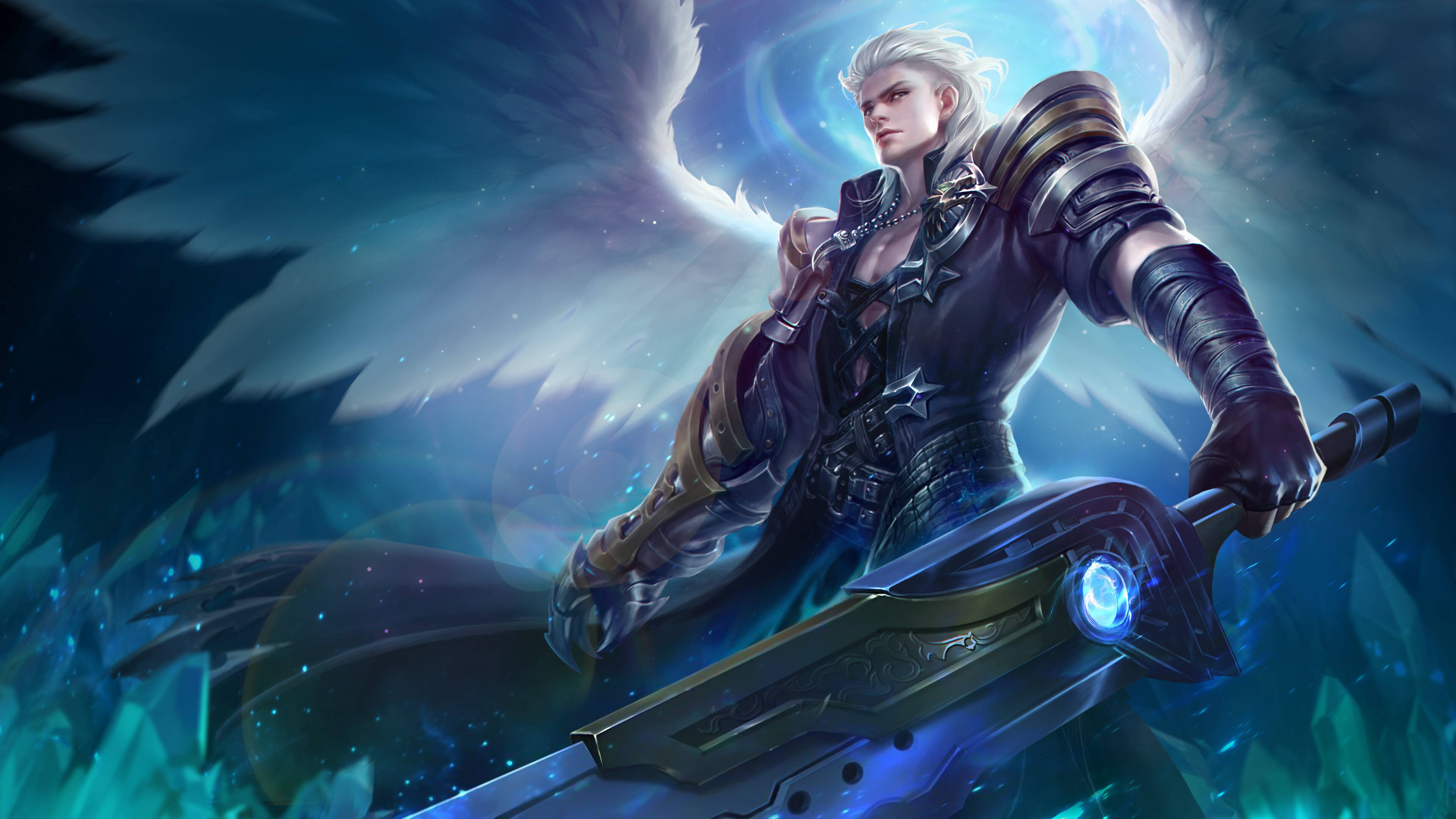 Mobile Legends 動態圖 桌布 壁紙 — 一位強大的天使戰士，擁有白色翅膀，在神秘的藍色和青綠色背景下揮舞著發光的劍。
