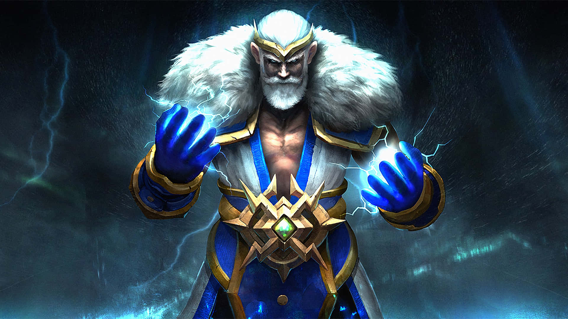 Dota 2 Zeus 桌布 壁紙 — 一位強大的奇幻戰士，白髮白鬚，在暴風雨般的黑暗背景下從手中引導藍色閃電。