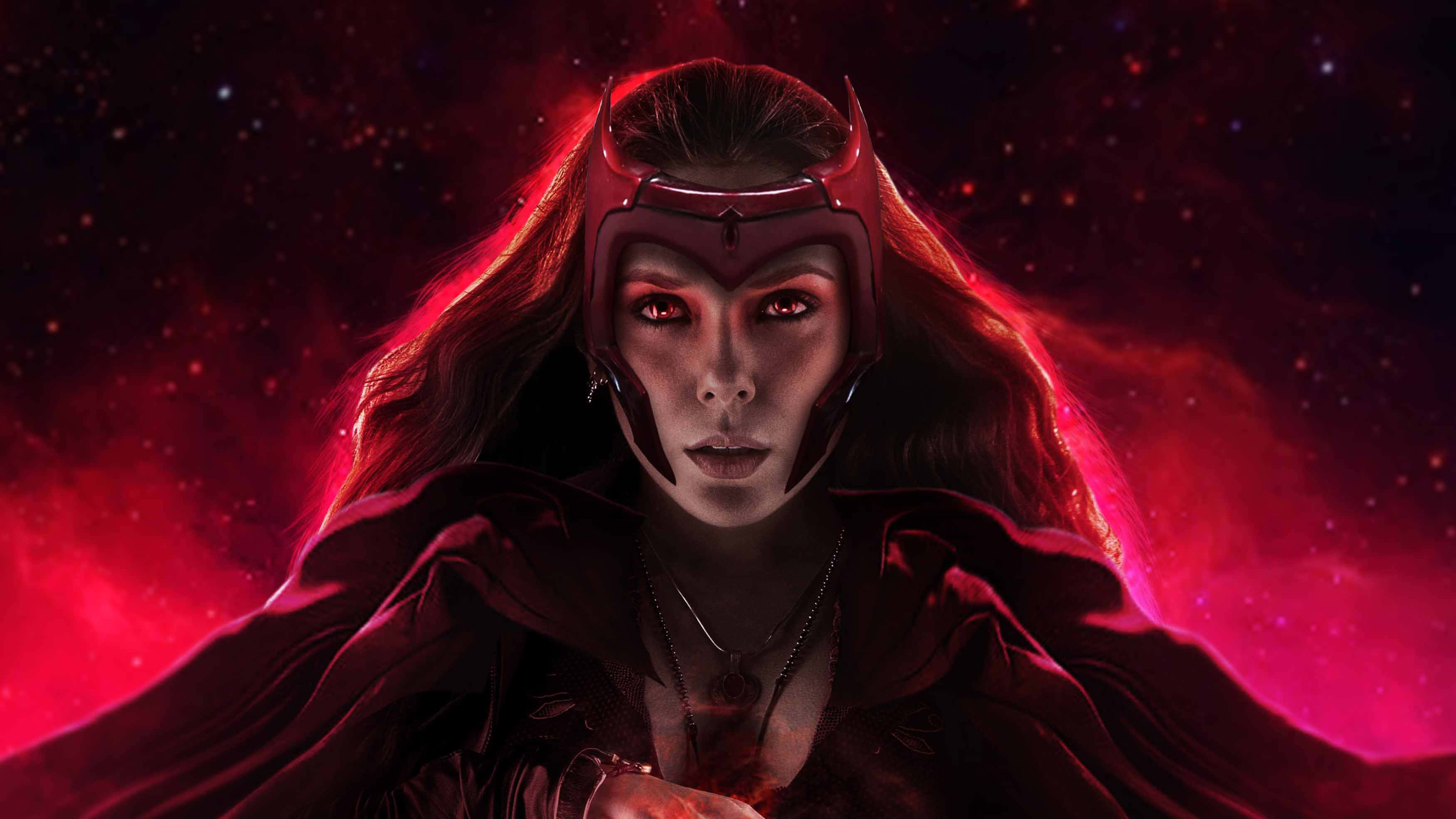 Witchy Desktop 桌布 壁紙 — 一位強大的女巫，擁有發光的紅眼睛和飄逸的黑髮，站在宇宙紅色星雲背景前。