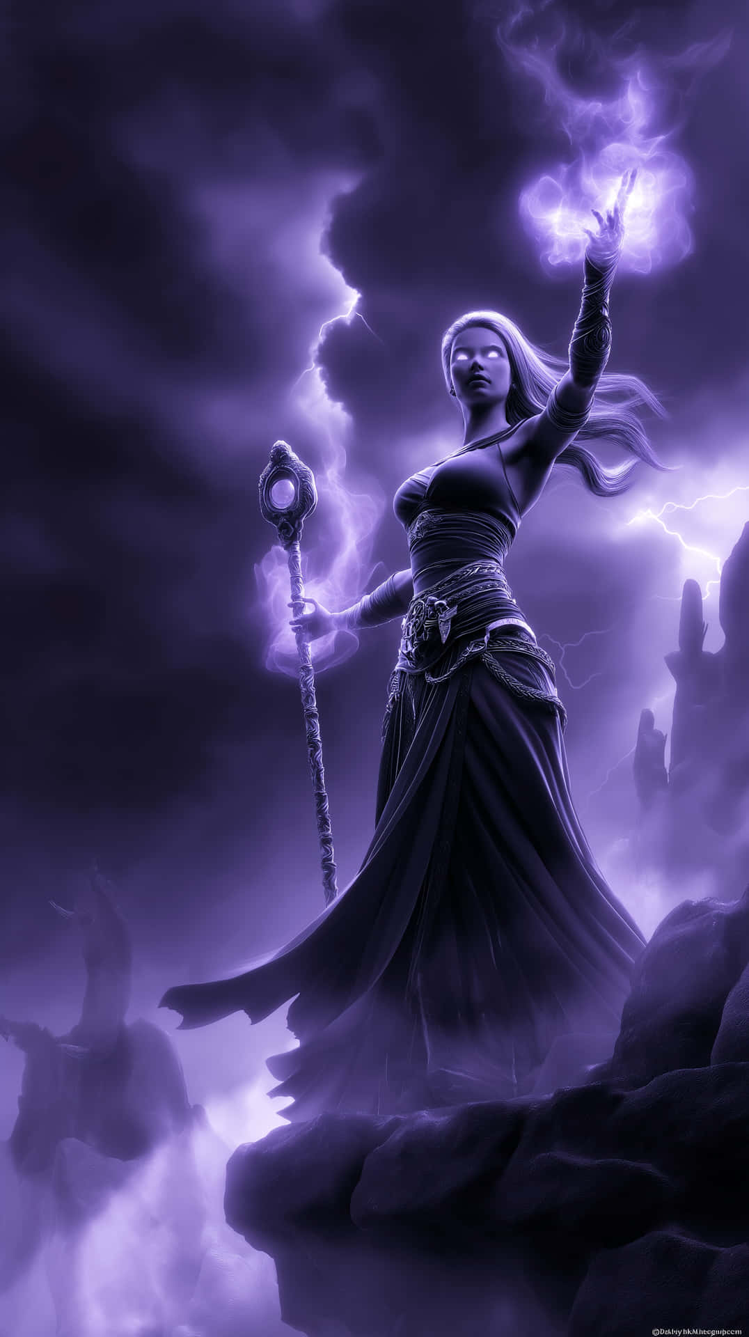 Sorceress of Storms: Wielding Purple Lightning in Mountains 壁紙 — 一位強大的女巫穿著飄逸的黑色長袍，站在懸崖頂上，用她的法杖和舉起的手在暴風雨的紫色天空中召喚閃電。