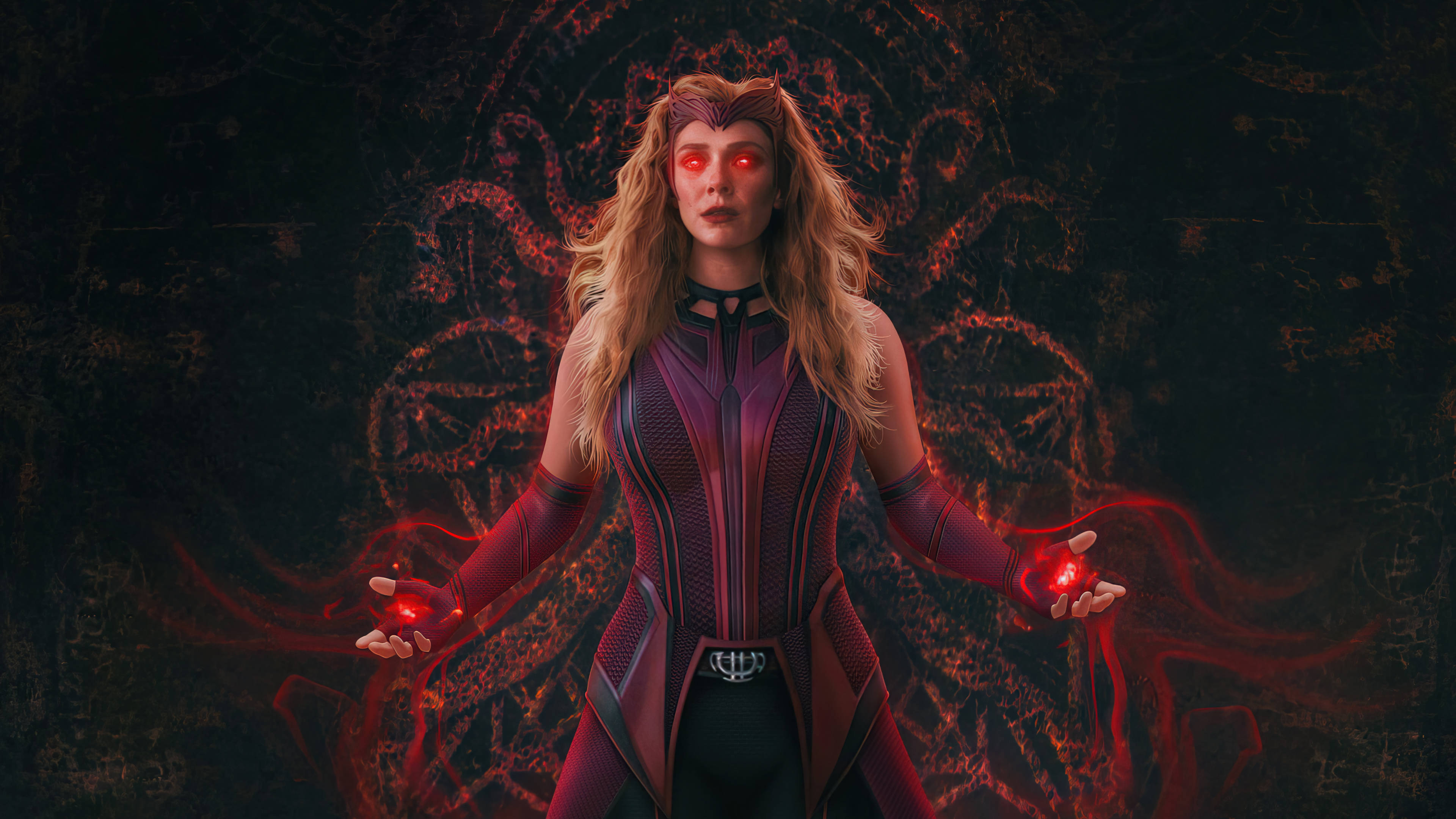 Scarlet Witch 桌布 壁紙 — 一位強大的女性超級英雄，擁有發光的紅色眼睛和雙手，在黑暗神秘背景下引導深紅色能量。