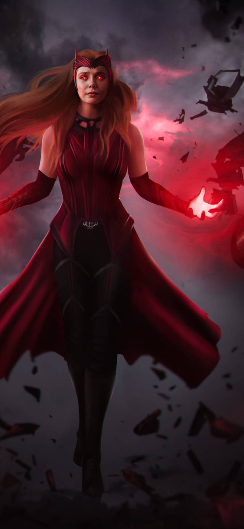 marvel iPhone xr 桌布 壁紙 — 一位強大的女性身穿飄逸的紅色斗篷，在暴風雨的天空下，碎片飛舞，引導著深紅色的能量。