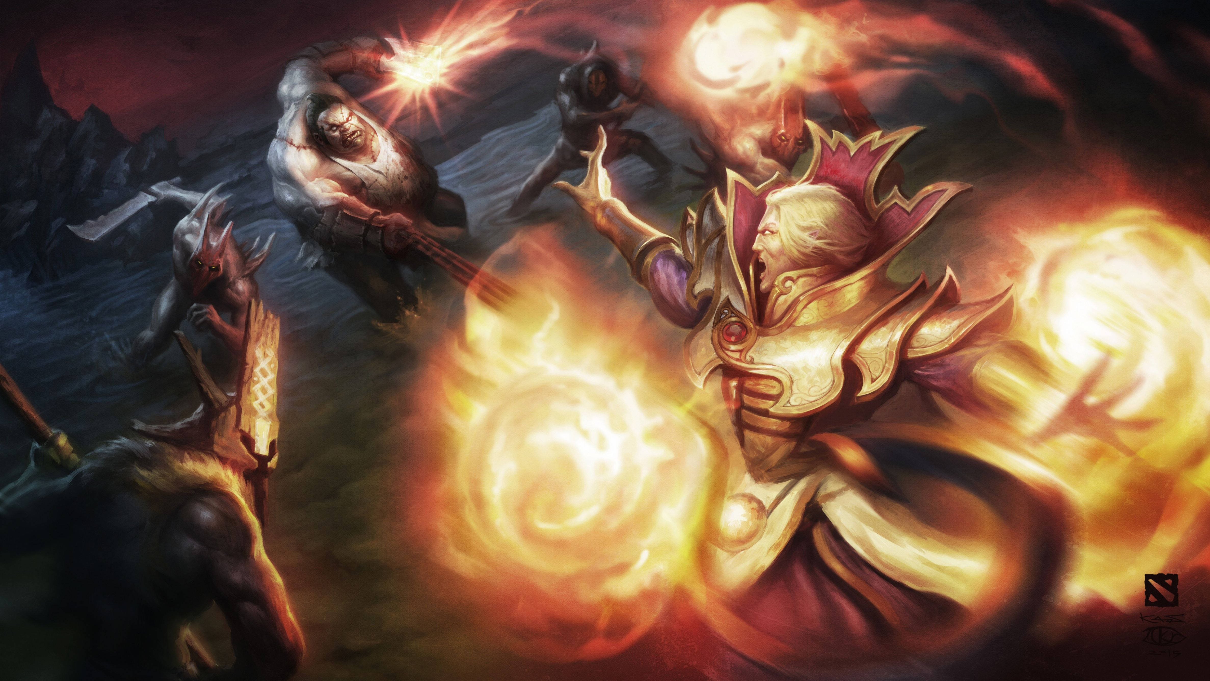 dota 2 4K 桌布 壁紙 — 一位強大的法師在黑暗混亂的戰鬥場景中，對怪物般的敵人釋放火焰魔法。