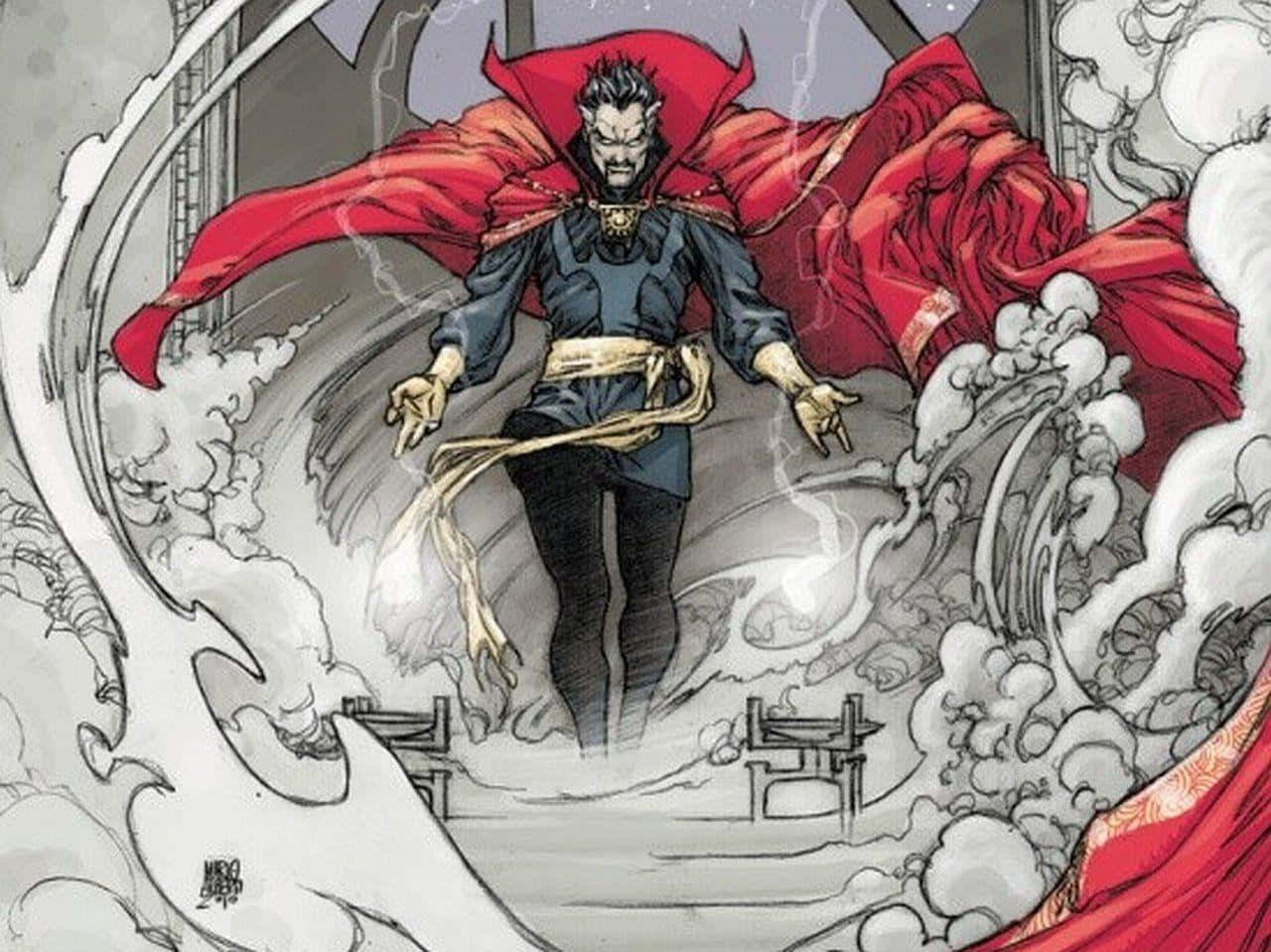 Dr Strange 桌布 壁紙 — 一位強大的漫畫巫師，身穿飄逸的紅色斗篷，站在旋轉的煙霧和神秘能量之中。