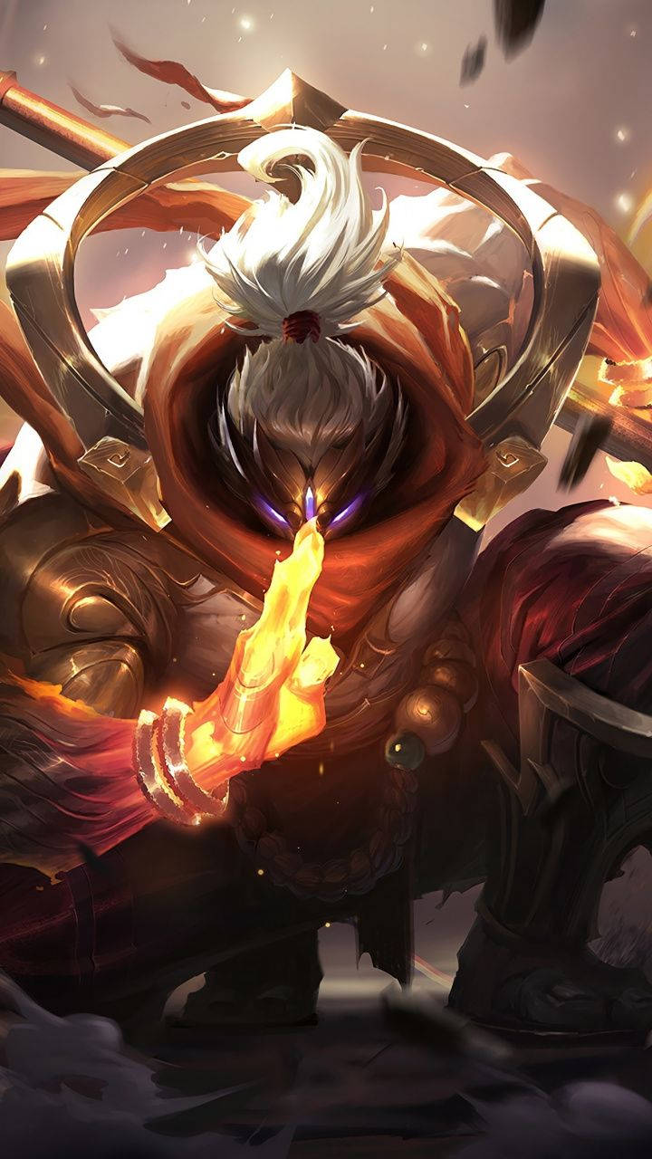電玩遊戲 桌布 壁紙 — 一位強大的白髮裝甲戰士，在煙霧瀰漫的戰場背景下，透過發光的雙手引導火焰能量。