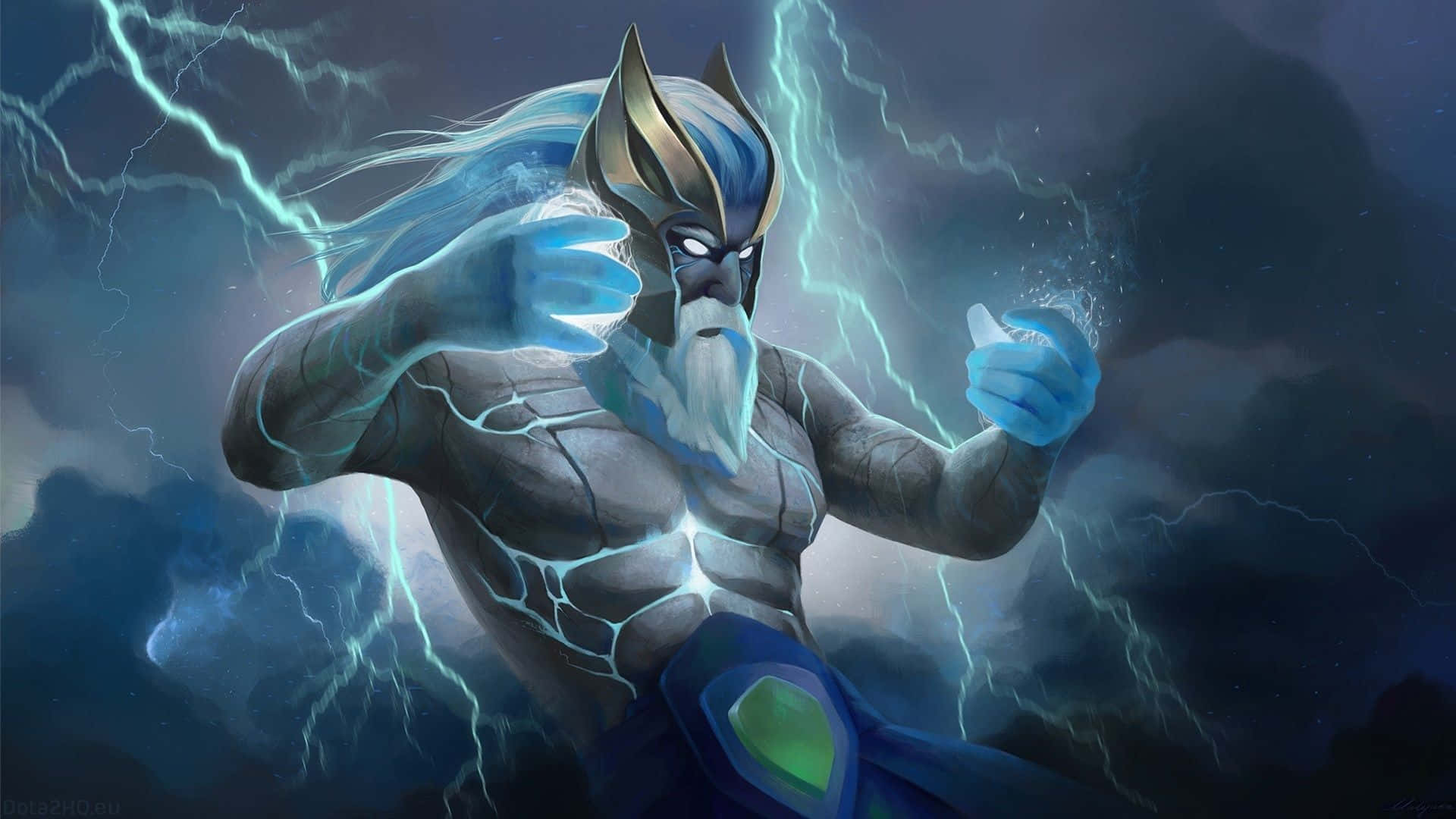 Dota 2 Zeus 桌布 壁紙 — 一位強大的神，拳頭周圍閃爍著發光的藍色閃電，背景是暴風雨的黑暗天空。