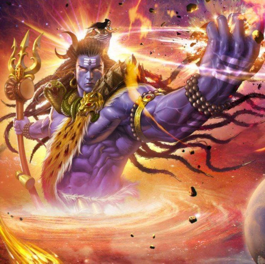 angry shiva 桌布 壁紙 — 一位強大的紫色皮膚神祇，手持三叉戟和蛇，在宇宙火焰背景中散發能量。