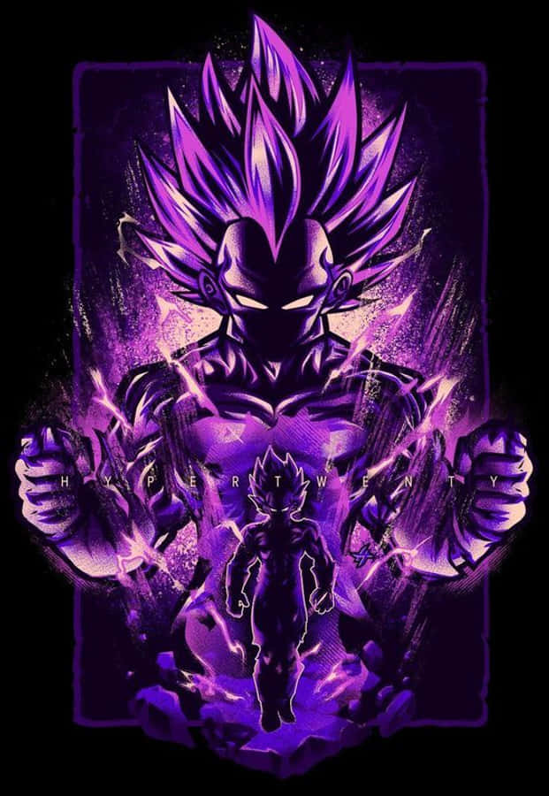 Vegeta Ultra Ego 桌布 壁紙 — 一位強大的紫髮動漫戰士散發能量，下方有一個較小的人物，背景是黑暗的宇宙。