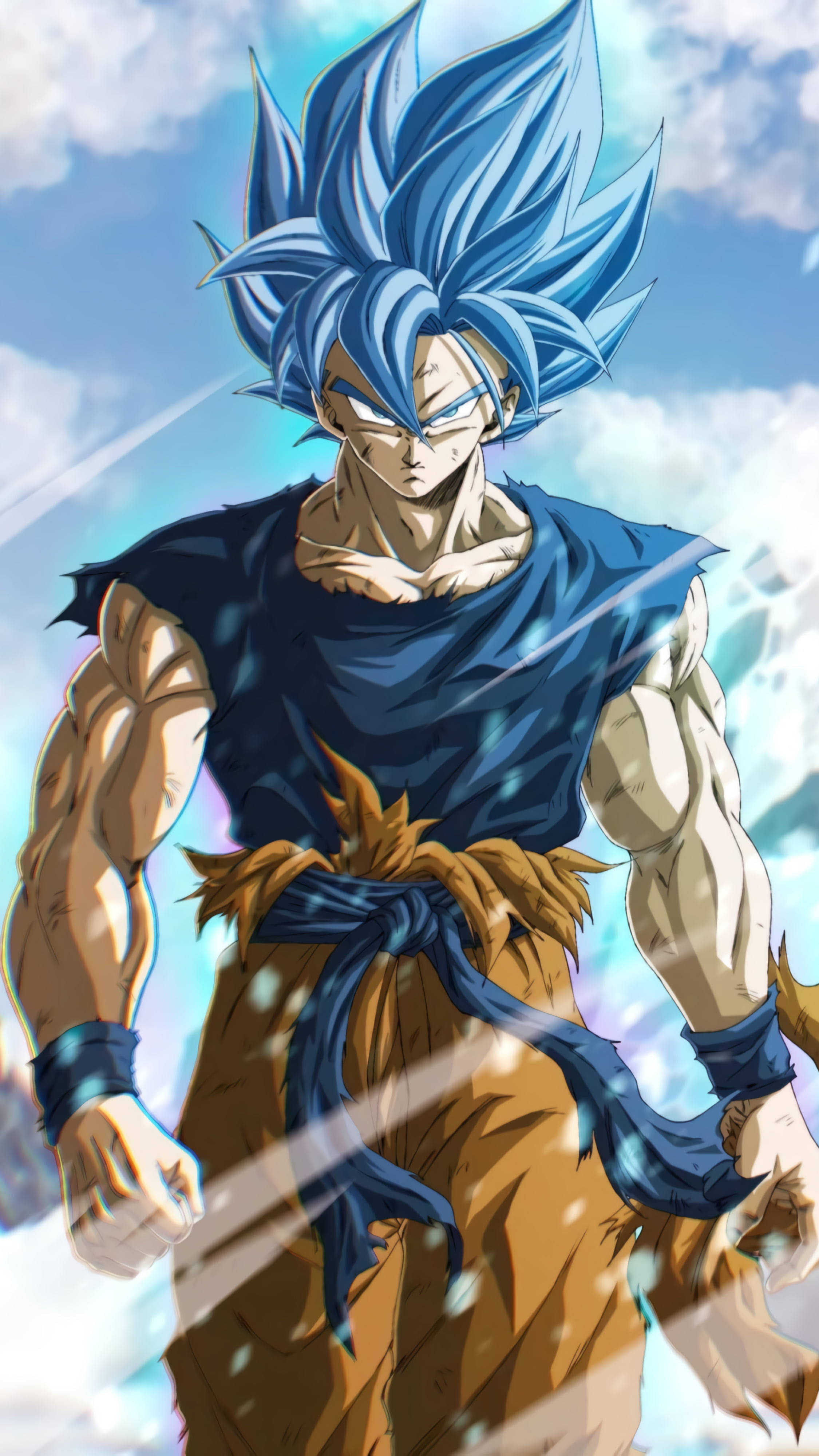 Dbz 桌布 壁紙 — 一位強大的藍髮動漫戰士，雙眼發光，帶有動態能量條紋，站在明亮的陰天天空前。