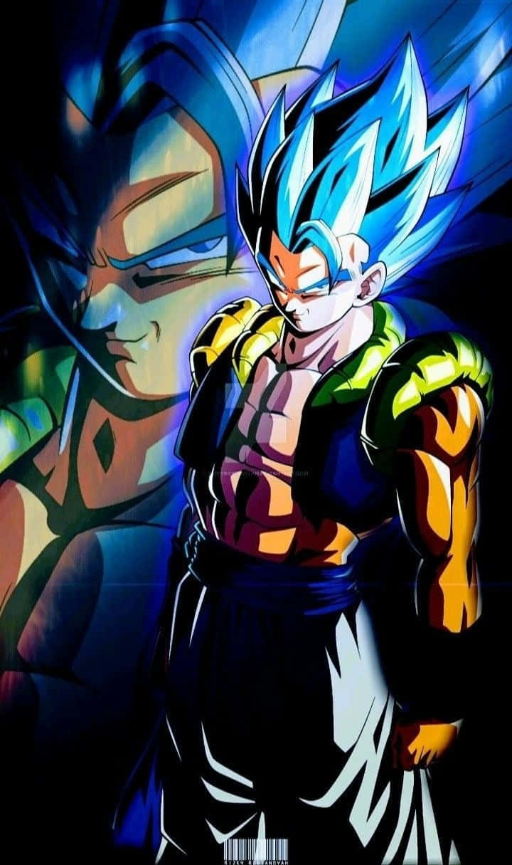 Dragon Ball iPhone 桌布 壁紙 — 一位強大的藍髮動漫戰士以動態姿勢站立，散發著發光的氣場，背景為深色。