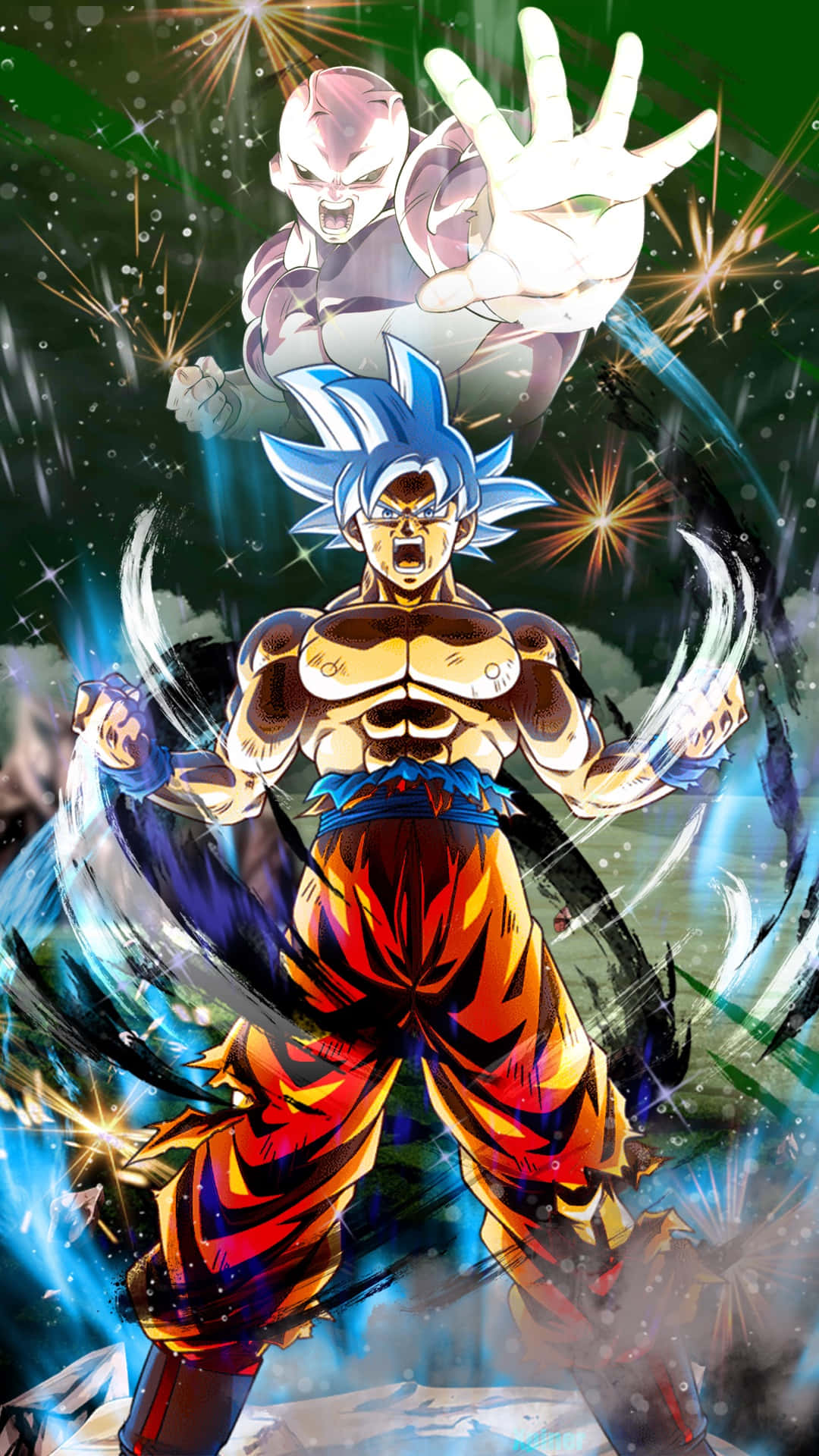 Mui Goku 桌布 壁紙 — 一位強大的藍髮動漫戰士穿著橙色褲子，挑釁地站立，而一位白皮膚的對手在閃爍的宇宙背景下居高臨下。