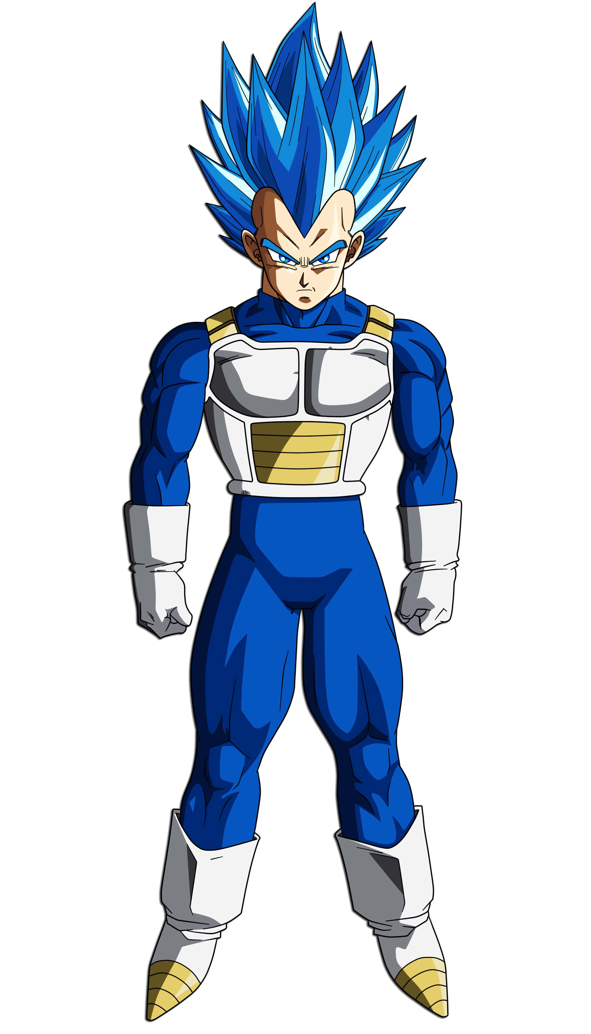 Vegeta Super Saiyan Blue 桌布 壁紙 — 一位強大的藍髮賽亞戰士身穿藍白盔甲，在純白背景前握緊拳頭站立。